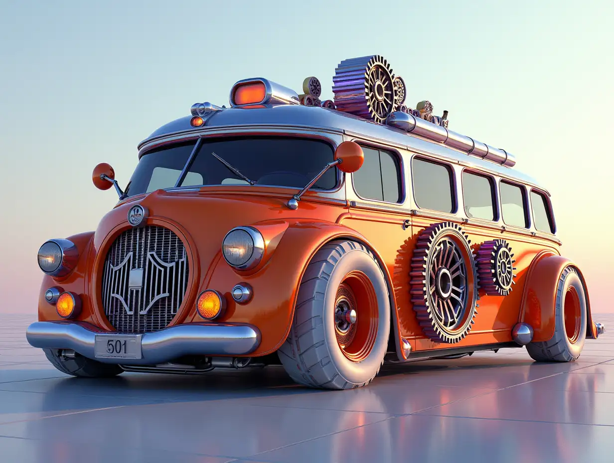 Supermodern utopian sports omnibus with, lowered with crazy gears big on the roof aluminum rims, wide cream tires, orange purple- and silver-colored, Cyberpunk