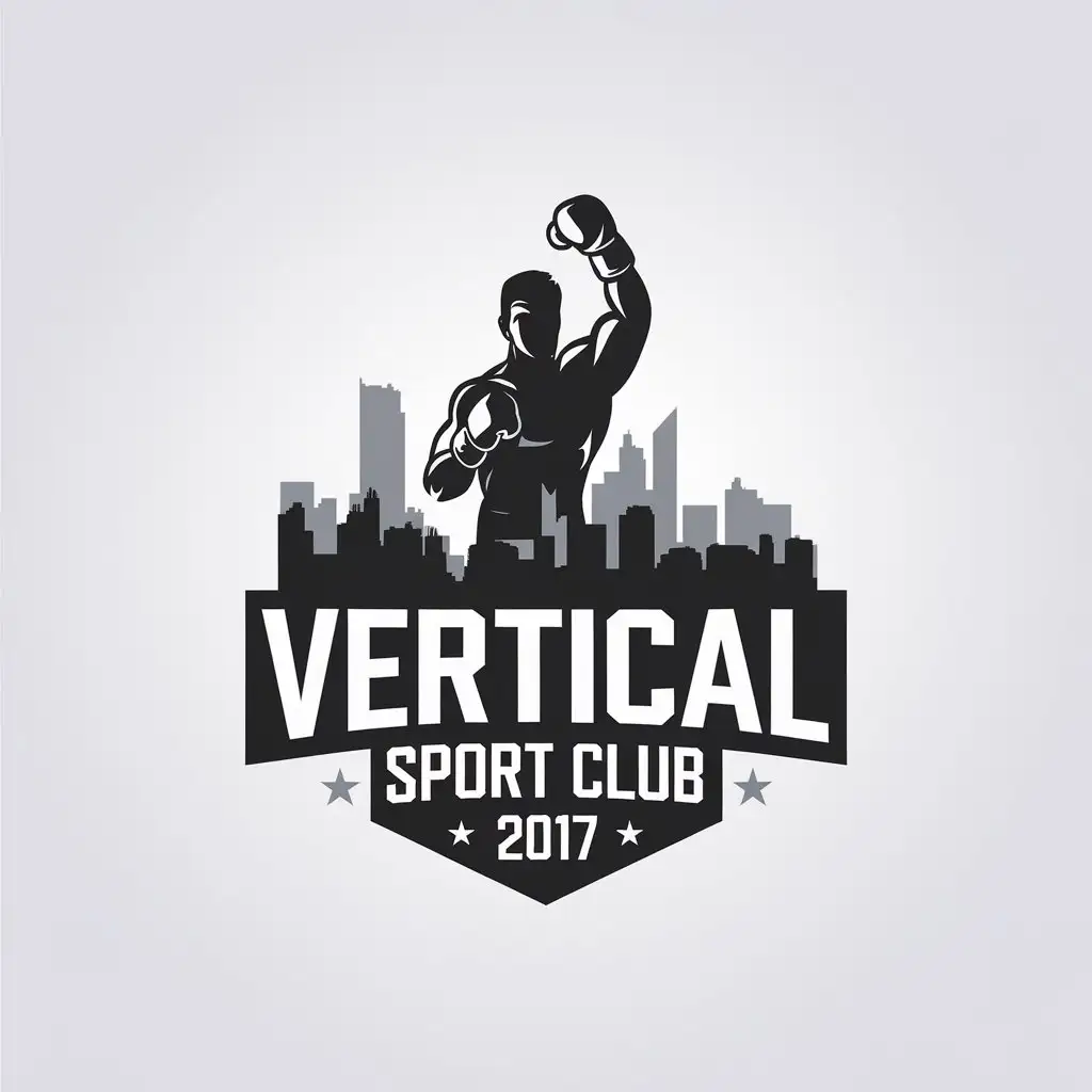 a vector logo design,with the text "VERTICAL sport club 2017", main symbol:boxer with raised hand against city background,Minimalistic,be used in Sports Fitness industry,clear background