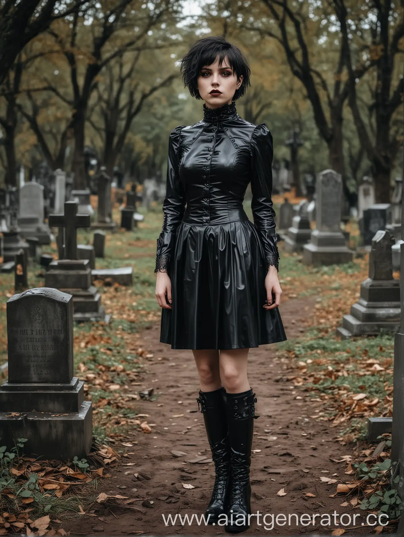 Gothic-Girl-in-Victorian-Latex-Dress-at-Haunted-Cemetery