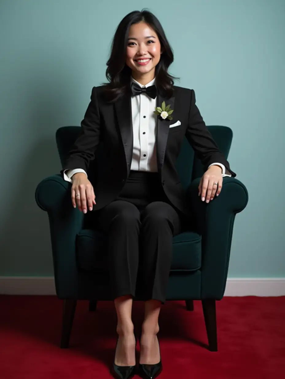 Full body shot of beautiful and confident 30 year old Chinese woman, with shoulder length black hair, wearing shiny black high stiletto heels, wearing a formal black tuxedo, open and unbuttoned jacket, bow tie, cummerbund, pocket square, corsage, tuxedo shirt with large black cuff links, sitting in a plush chair on a red rug in front of light blue wall.  She is smiling.