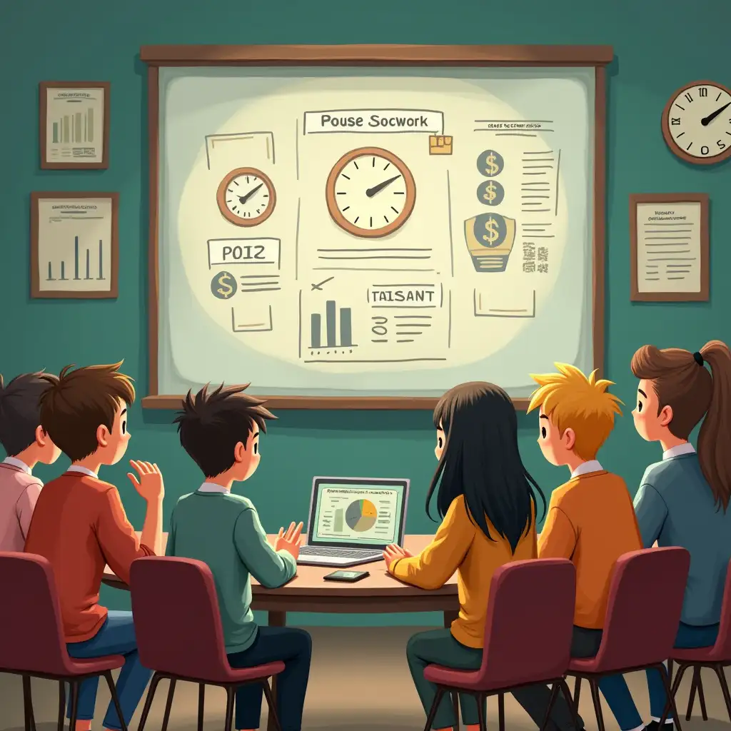 An image of characters sitting in a thematic lesson about financial security