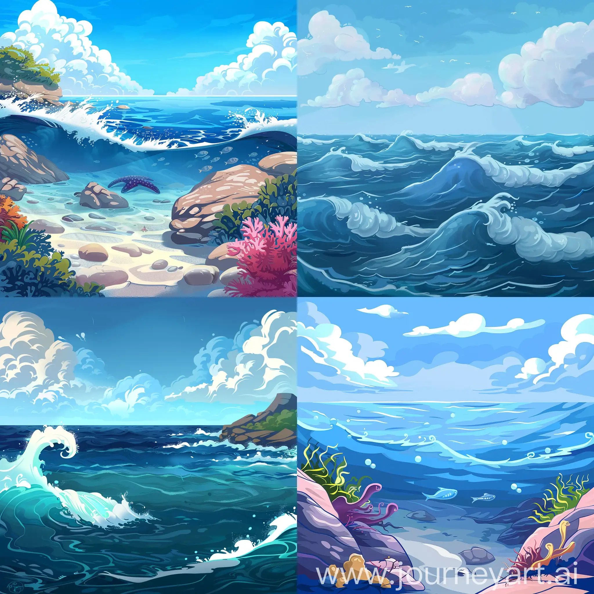 Cartoon-Ocean-Scene-with-Waves-and-Sea-Creatures