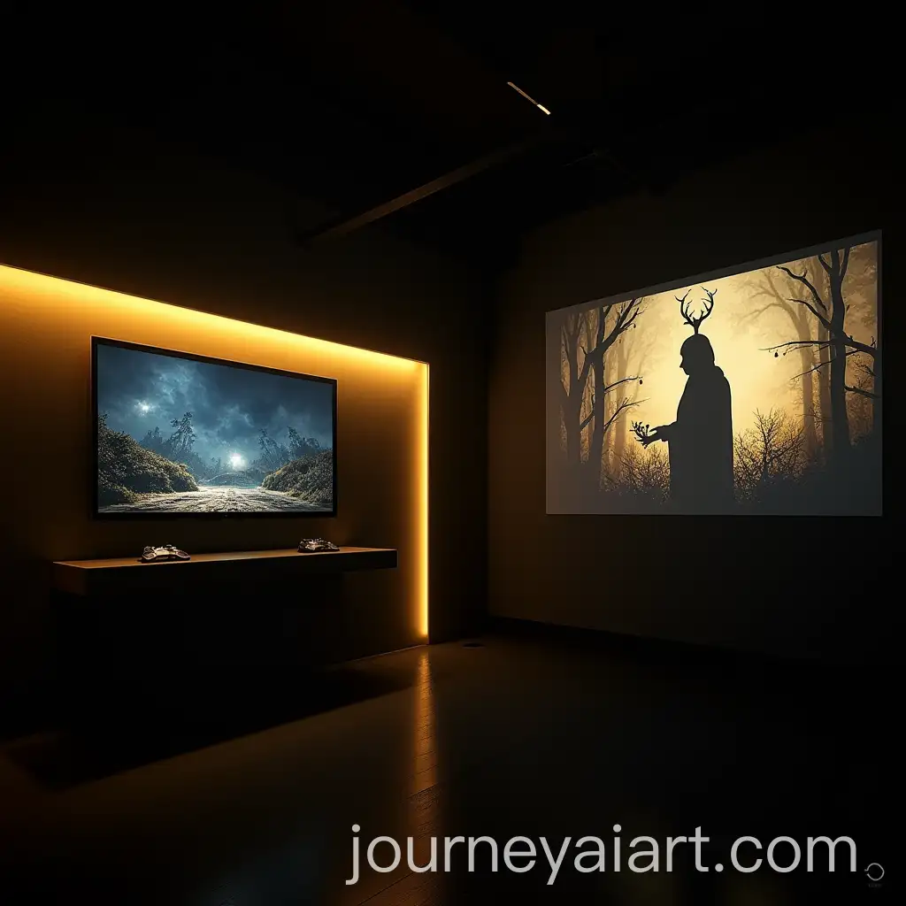 Shadow-Puppetry-Themed-Gaming-Room-with-Photo-Booth-and-Curved-Screens