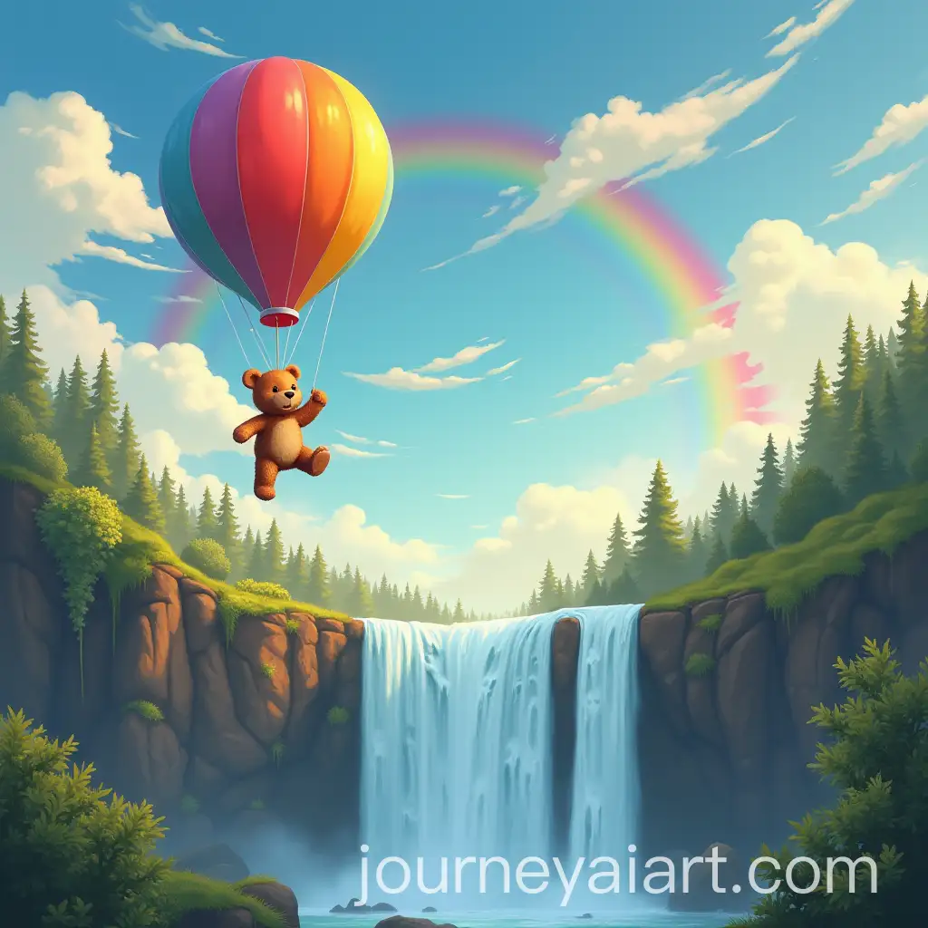 Bear-in-a-Colored-Balloon-with-Rainbow-and-Waterfall-in-the-Sky