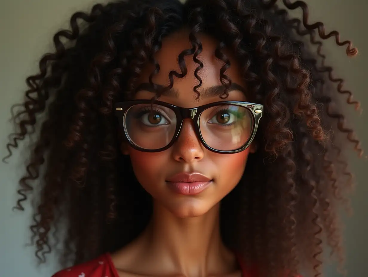 Small, fair-skinned black woman, long curly brown hair without kinks, glasses, freckles, brown eyes, no 3D imperfections