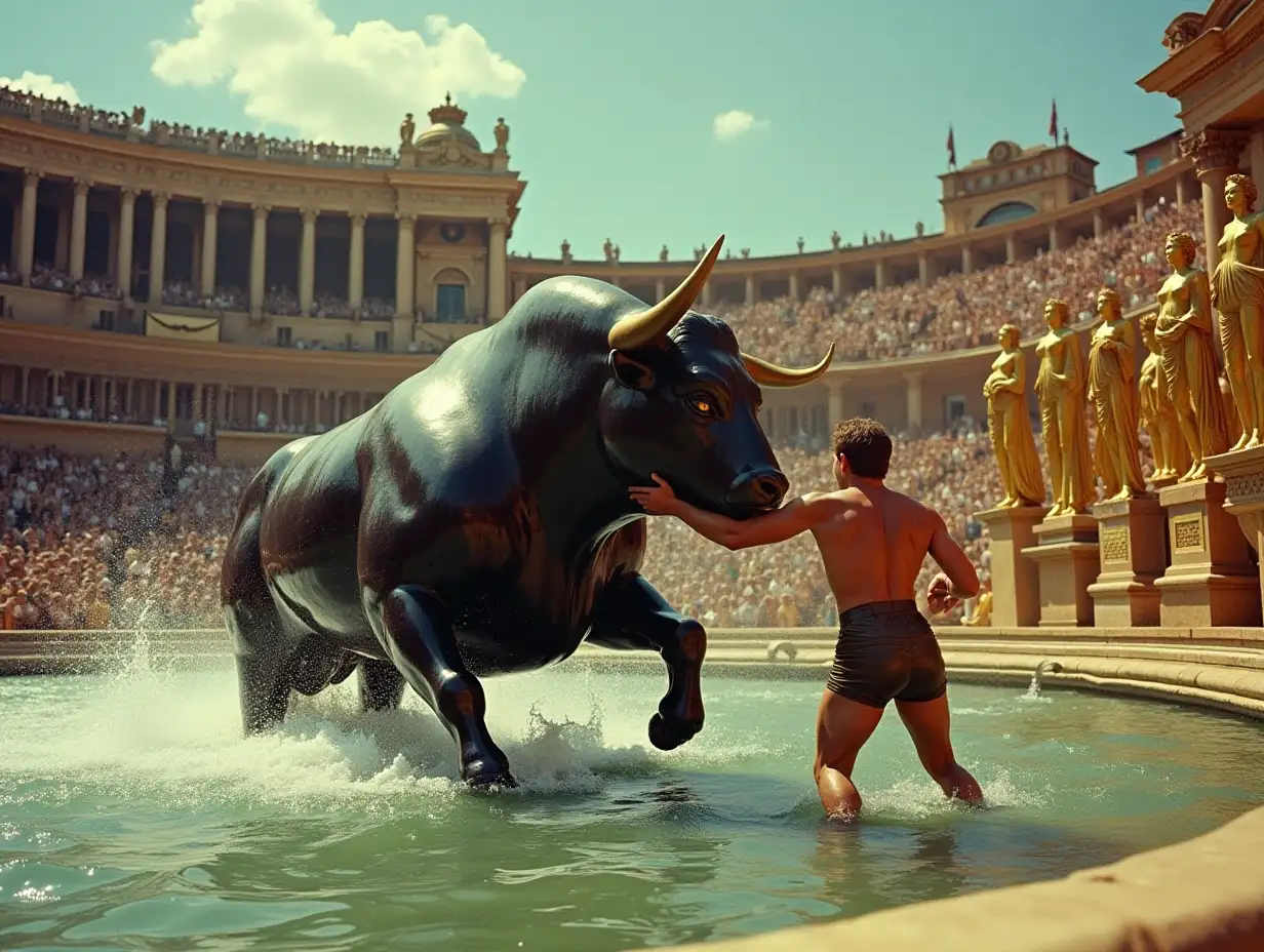 Realistic image of a gladiator fighting in water a huge black bull statue with golden brochures, sculptures of gold women around richly decorated and spectators screaming in the arenas , sunny weather , grotesque style , fantastic , absurd , 1960s cinema , Lanny Quarles style