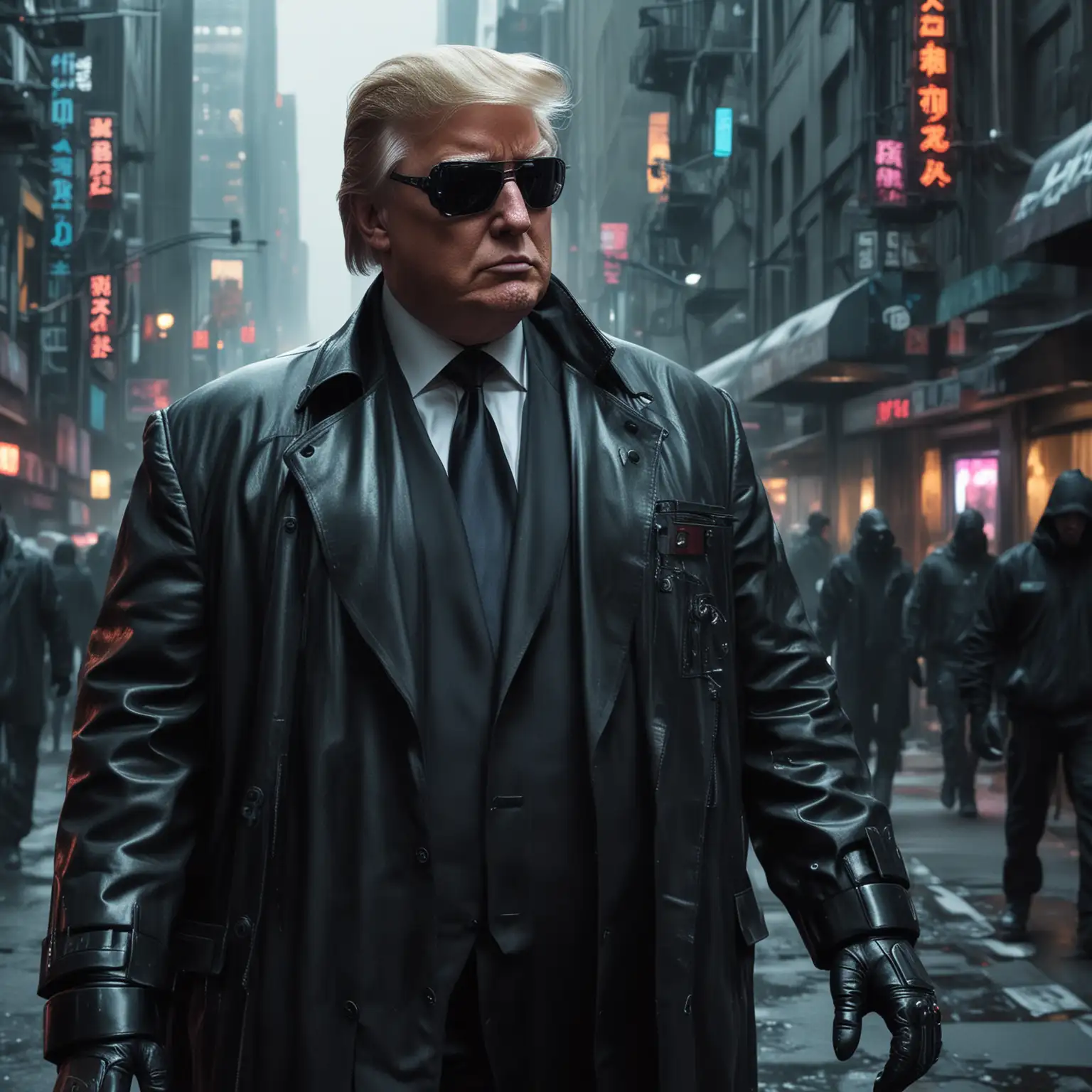 Cyberpunk-Style-Portrait-of-Donald-Trump-Walking-Down-Futuristic-Street-in-Black-Gloves