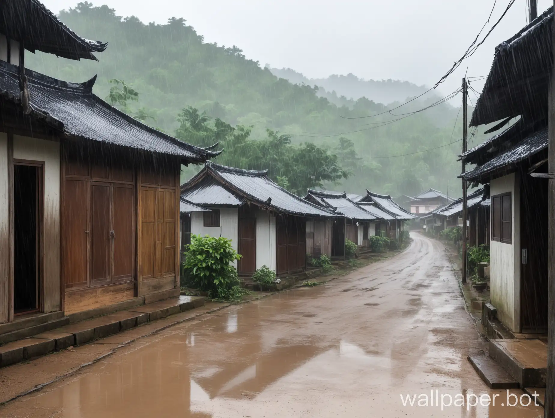 Dull washed out rainy day in an asian rural village