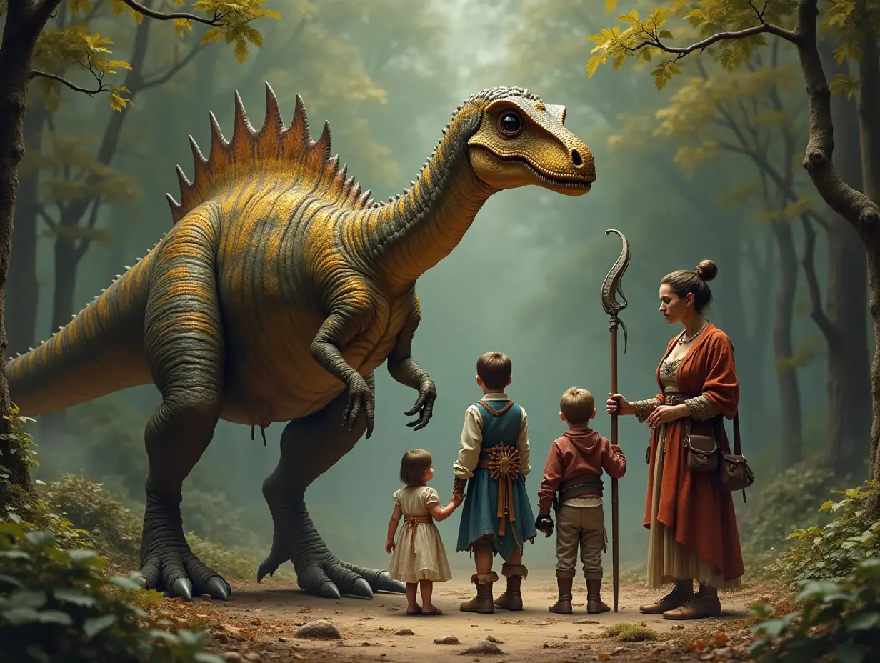 Chalk time fantasy family, Achelousaurus, woman, 5 children large Abelisaurus with Golden and leather equipment in the forest