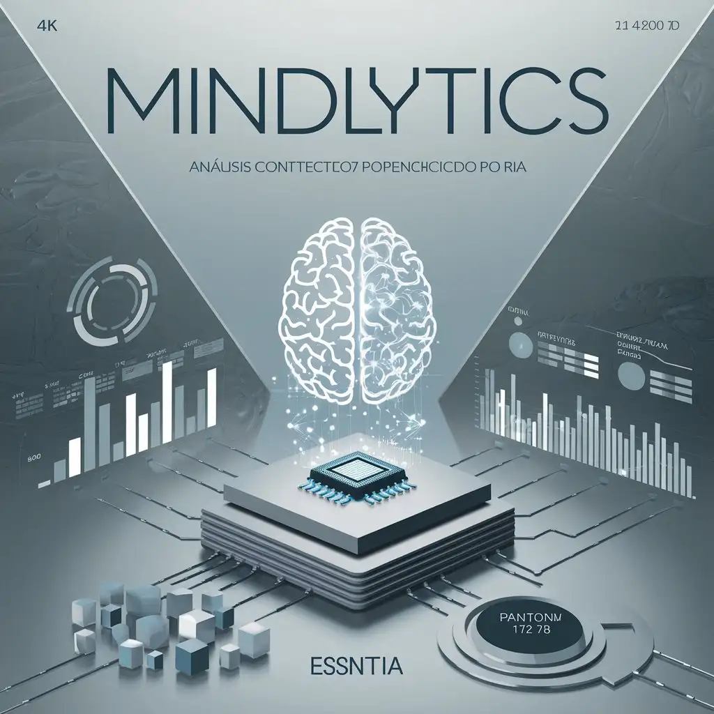 "Design a modern, tech-savvy cover for an AI-powered contextual analytics platform called 'MindLytics.' The background should be an elegant light gray with a subtle texture. In the center, he places a digital brain connected to a microchip, symbolizing artificial intelligence and data processing. Underneath the brain with a chip and connected by circuit lines, a stack of documents. You can add around the chip with documents, bar graphs, pie charts, and data visualizations in various shades of blue and gray to emphasize data analysis. Place the title 'MindLytics' prominently at the top with bold, modern typography, and underneath, the subheading 'AI-Powered Contextual Analysis' in a clean, crisp font. Be sure to include the ESSENTIA logo near the bottom in Pantone 172 color. Use light blue accents to make the design more visually appealing. Keep the design minimalist and professional, with all text rendered in 4K resolution for clarity."