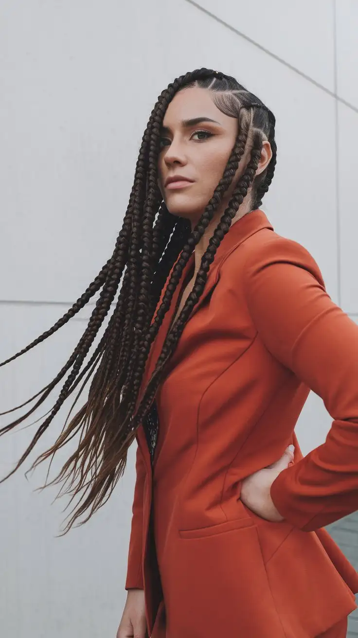 Medium shot, powerful and confident pose.  A woman with long, dark hair in side-swept lemonade braids.  The braids are sleek and fall dramatically over one shoulder.  She is standing against a stark white wall, striking a pose with her hand on her hip.  She is wearing a bold red power suit.  Background is plain white, emphasizing the subject.