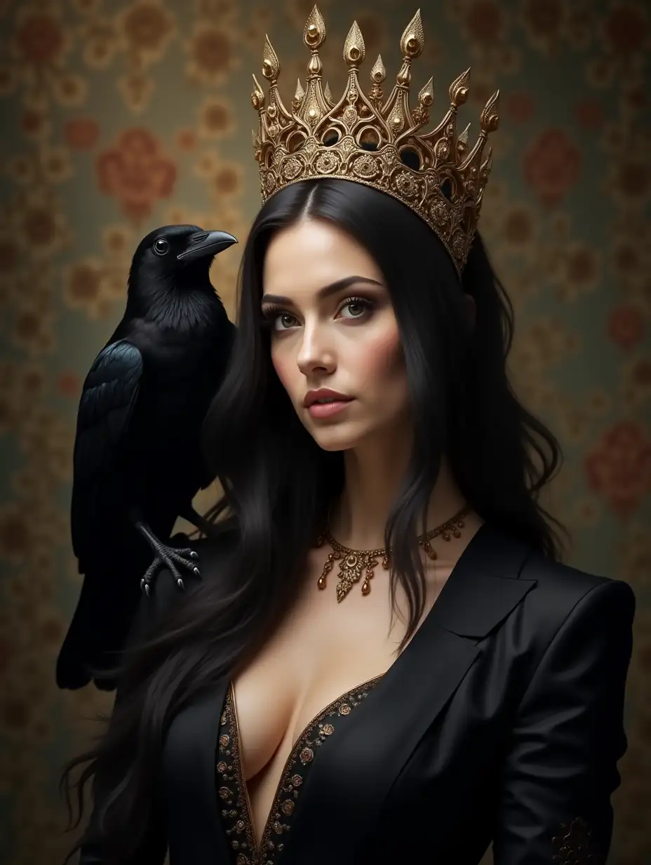 The image of a beautiful woman with an intricate luxurious crown on her head, fantastic magnificent lighting, beautiful fantasy art, her outfit is stylish and luxuriously refined, a beautiful portrait of the queen with long black hair, in fantasy style, a black raven sits on her shoulder, beautiful digital artwork, in the style of Carol Buck, o