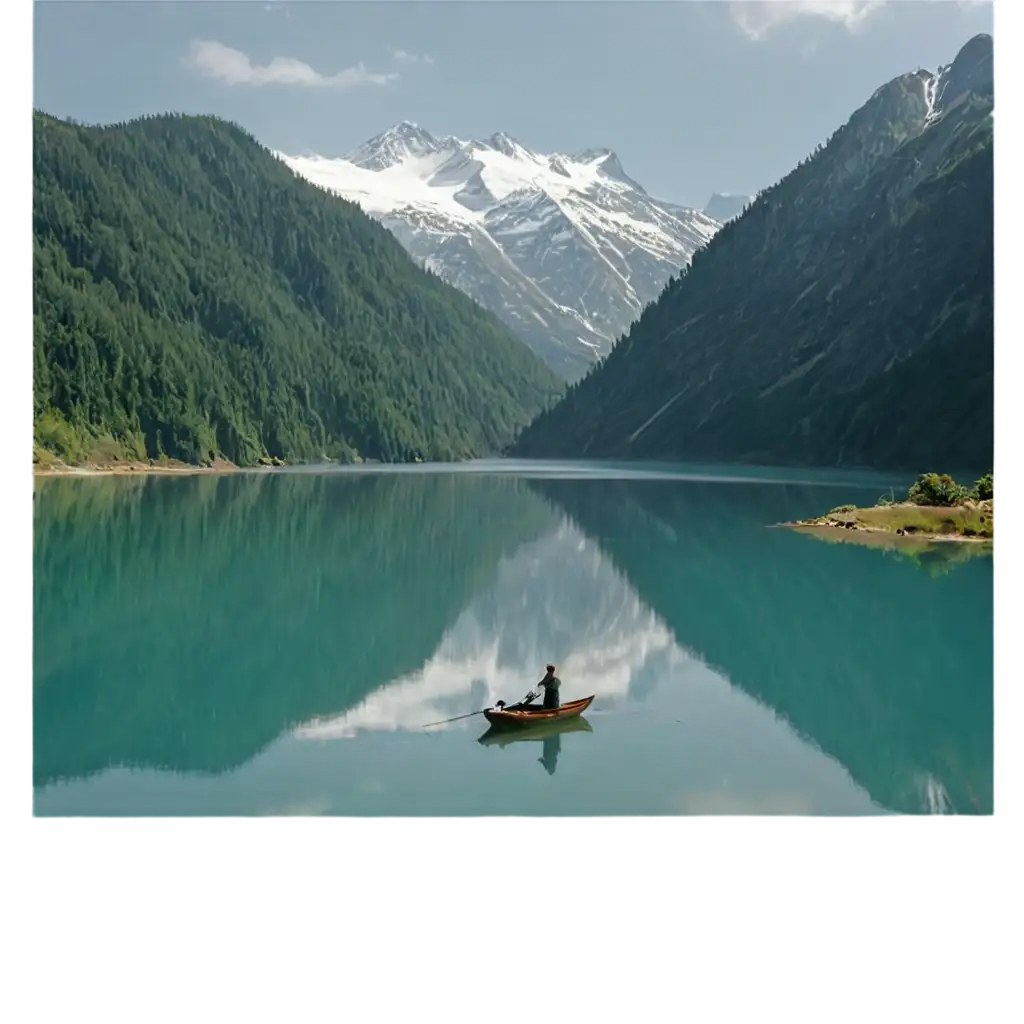 Stunning-PNG-Image-of-a-Tranquil-Lake-with-Snowy-Mountains-Boat-and-Waterfalls
