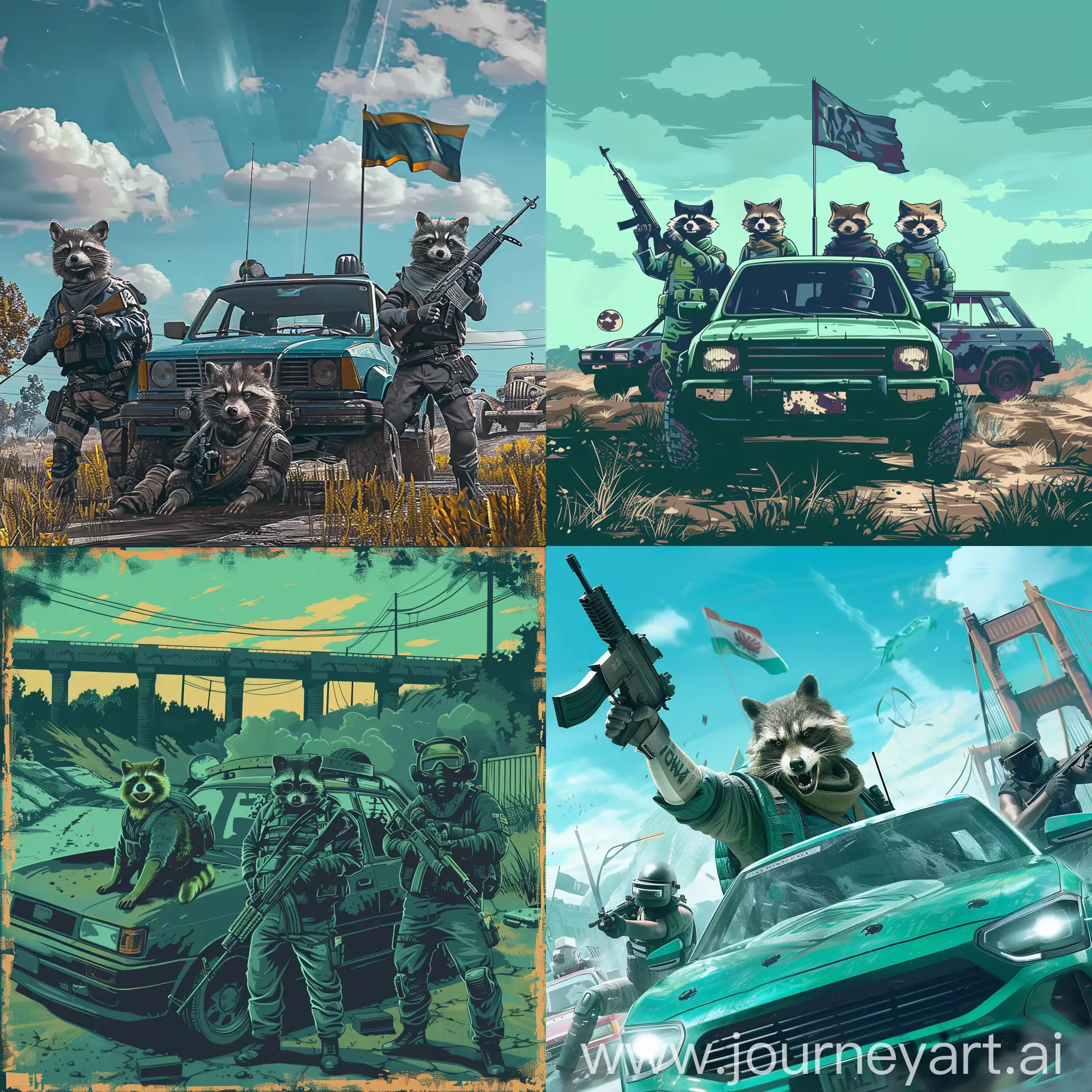 PUBG-Mobile-Style-Raccoon-Characters-with-Car-and-Eliseyevsky-Fields-Background