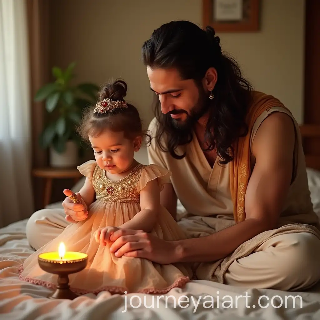 2YearOld-Turkish-Baby-Girl-in-Indian-Princess-Outfit-Playing-with-Father-on-Bed
