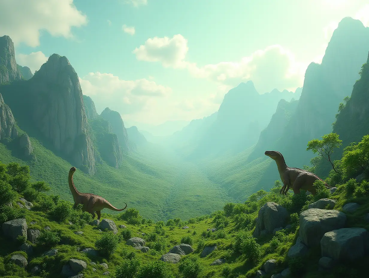 AI of alien planets with green planted hills with dinosaurs,plants in 4K resolution