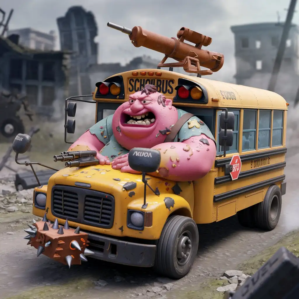 Claymation Style Obese Schoolbus Driver in a Weaponized Death Machine