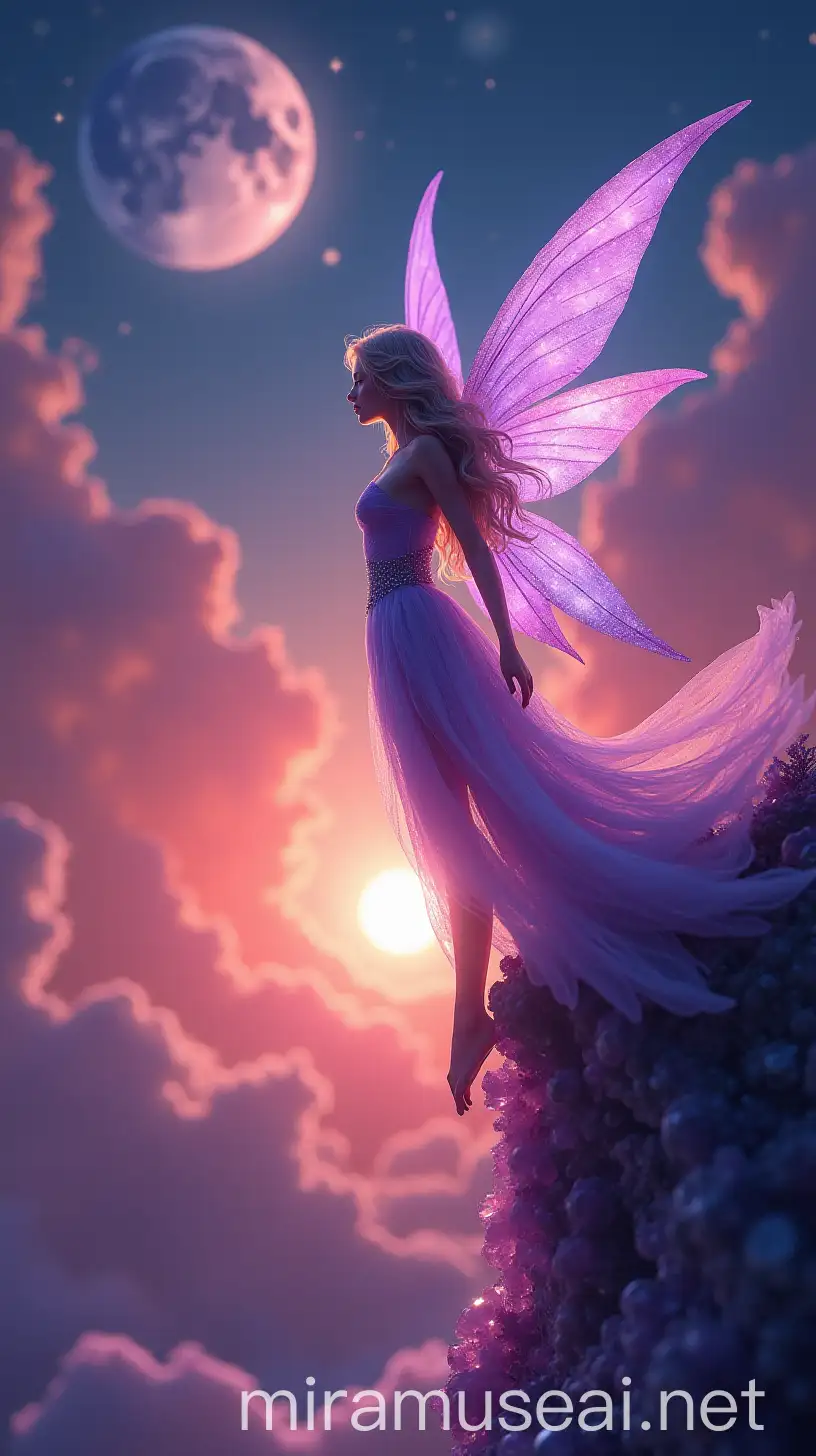 Fairy with wings in a scene that is on top of a cliff made of amethyst next to the edge of the universe at sunset. Both the sun and moon are visible in a colorful sky