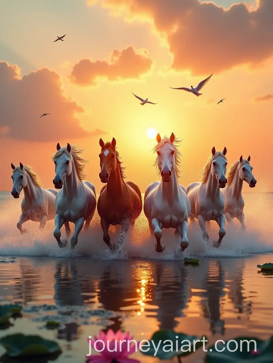 Seven-Horses-Running-Through-Water-with-Sunrise-and-Birds-in-Sky