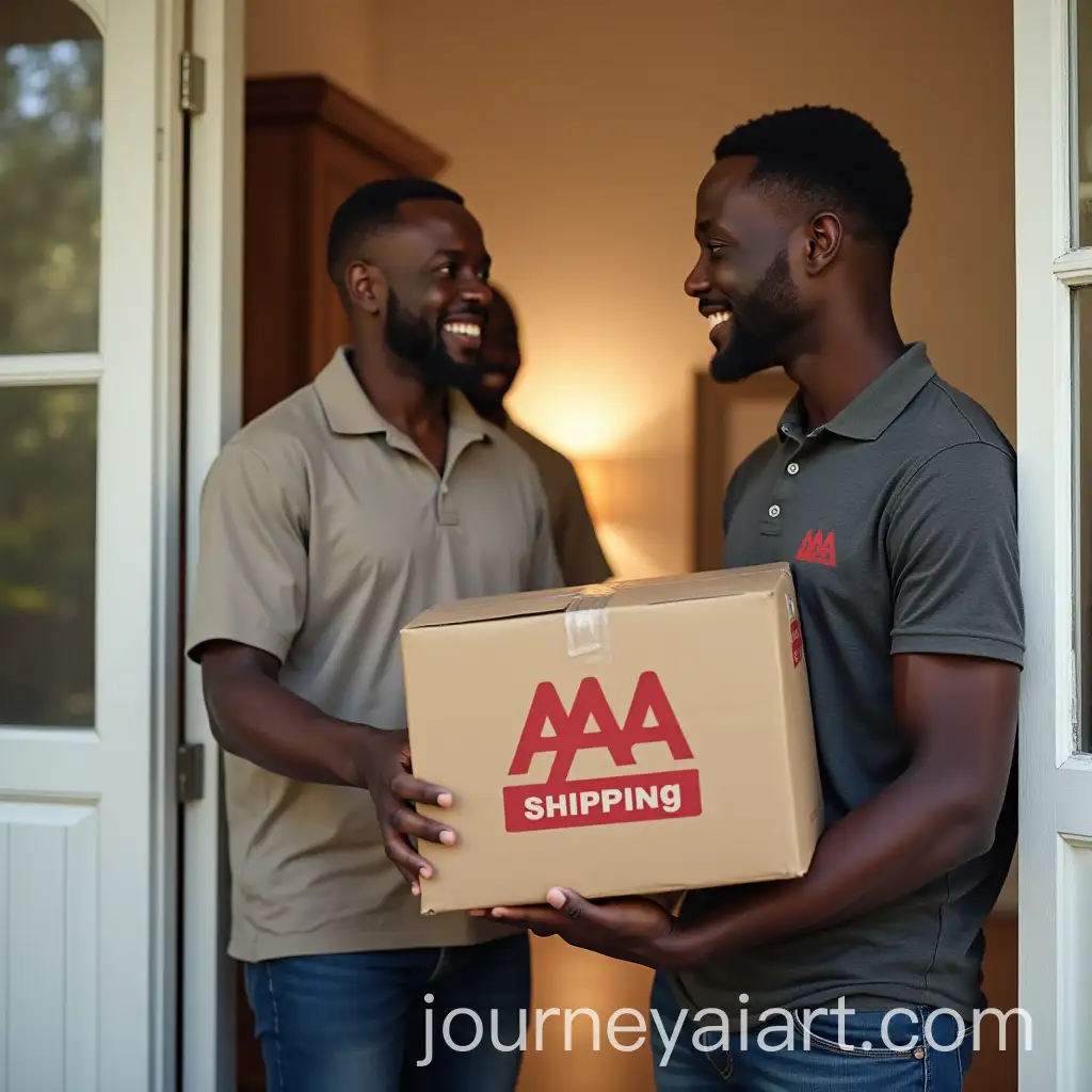 Smiling-Black-African-Man-Receiving-Package-from-Delivery-Person-at-Front-Door
