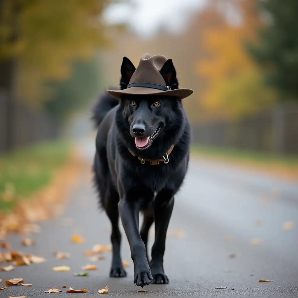 A black dog with hat walking on road