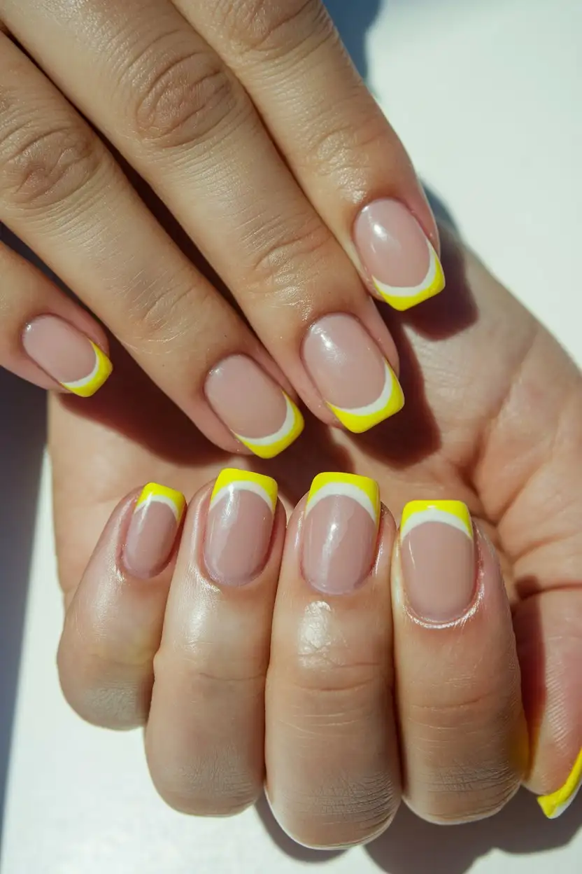 A close-up shot of a hand with neatly shaped nails featuring a classic French manicure, but instead of white tips, the tips are painted in a vibrant, sunny yellow nail polish. The base of the nails is a sheer nude or pale pink. The finish is glossy and the lighting is bright and clean. The background is a simple, white surface