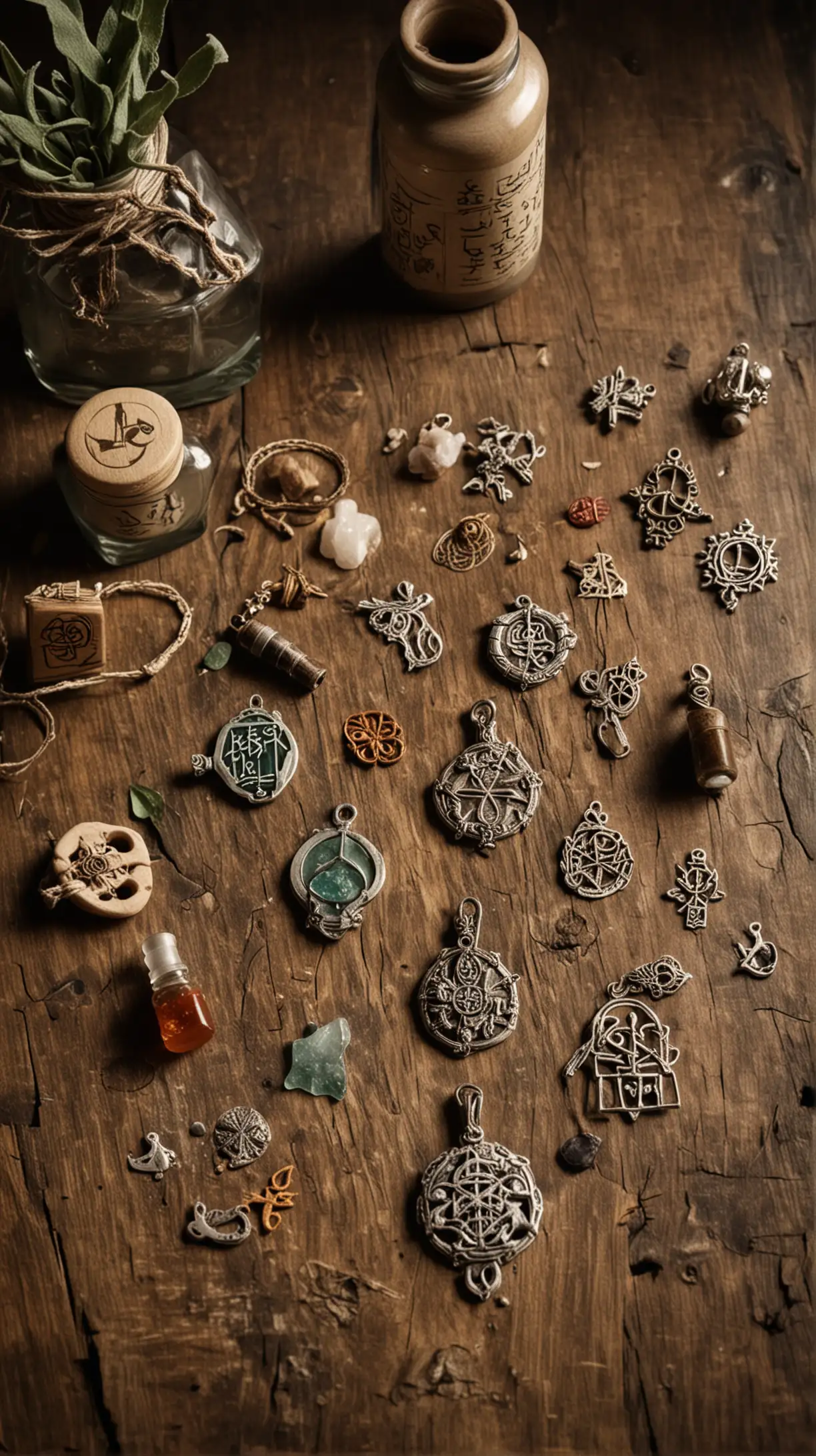 Rustic Wooden Table with Protection Charms and Sigils