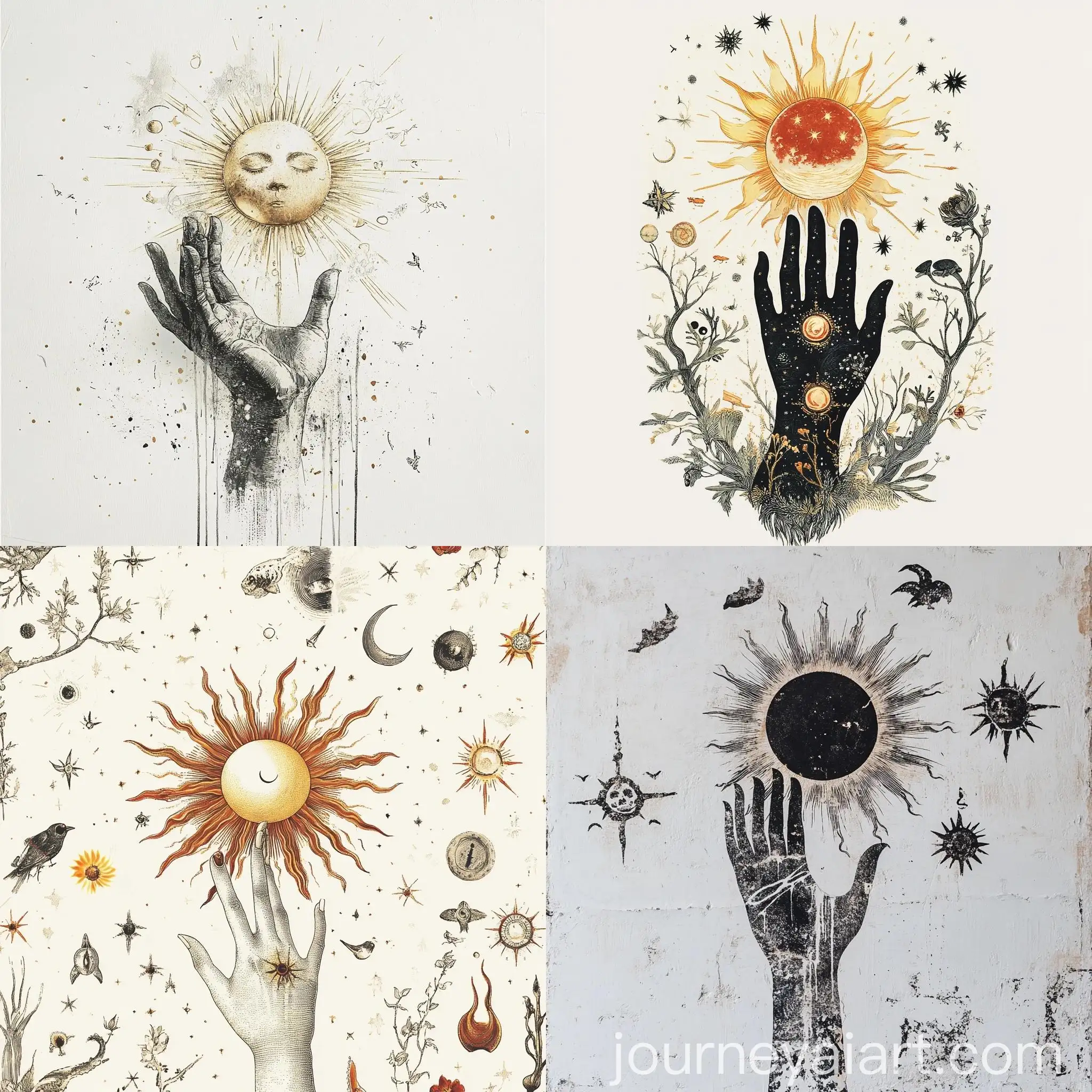 Mystical-Hand-Raising-the-Sun-on-White-Background