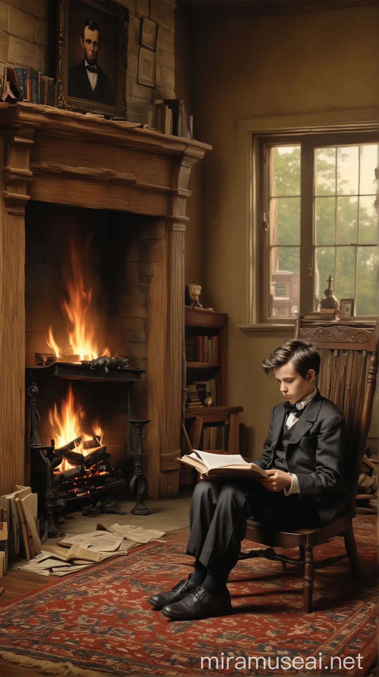 Young Lincoln Reading by Fireplace Hyper Realistic Portrait of Boyhood Learning