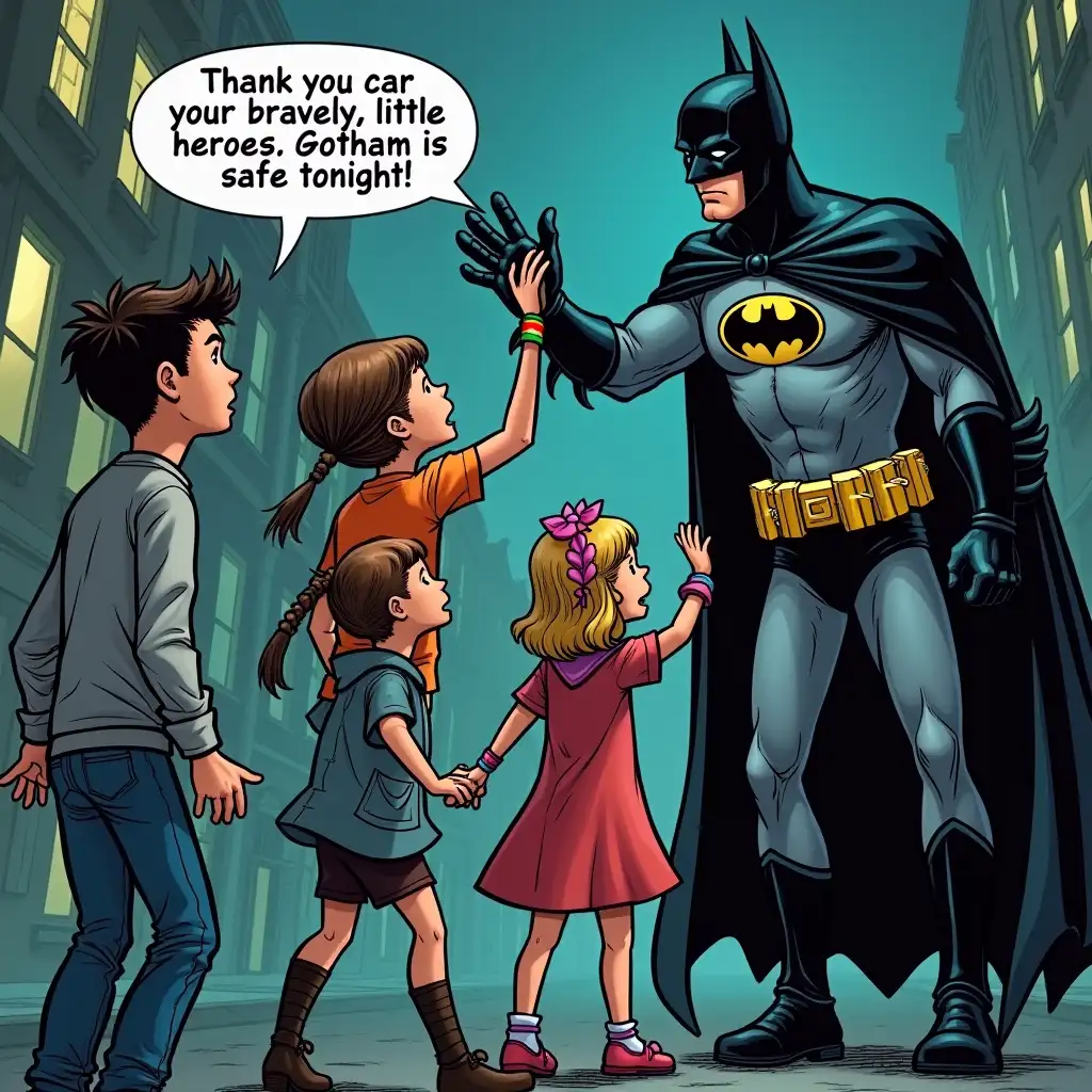 Kids-Helping-Batman-Catch-the-Riddler-and-Celebrating-with-HighFives