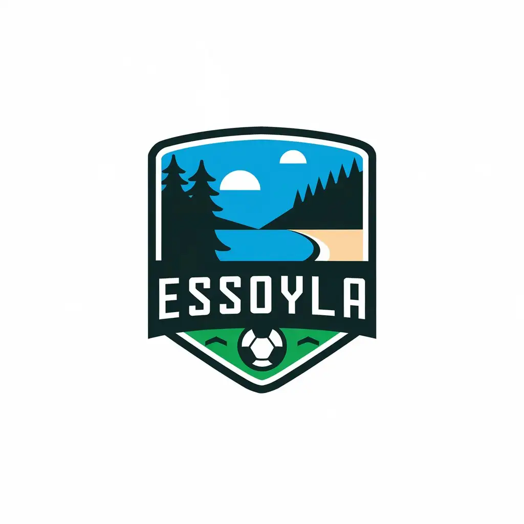 a vector logo design,with the text "Essoyla", main symbol:lake, beach, pines,Moderate,be used in football industry,clear background