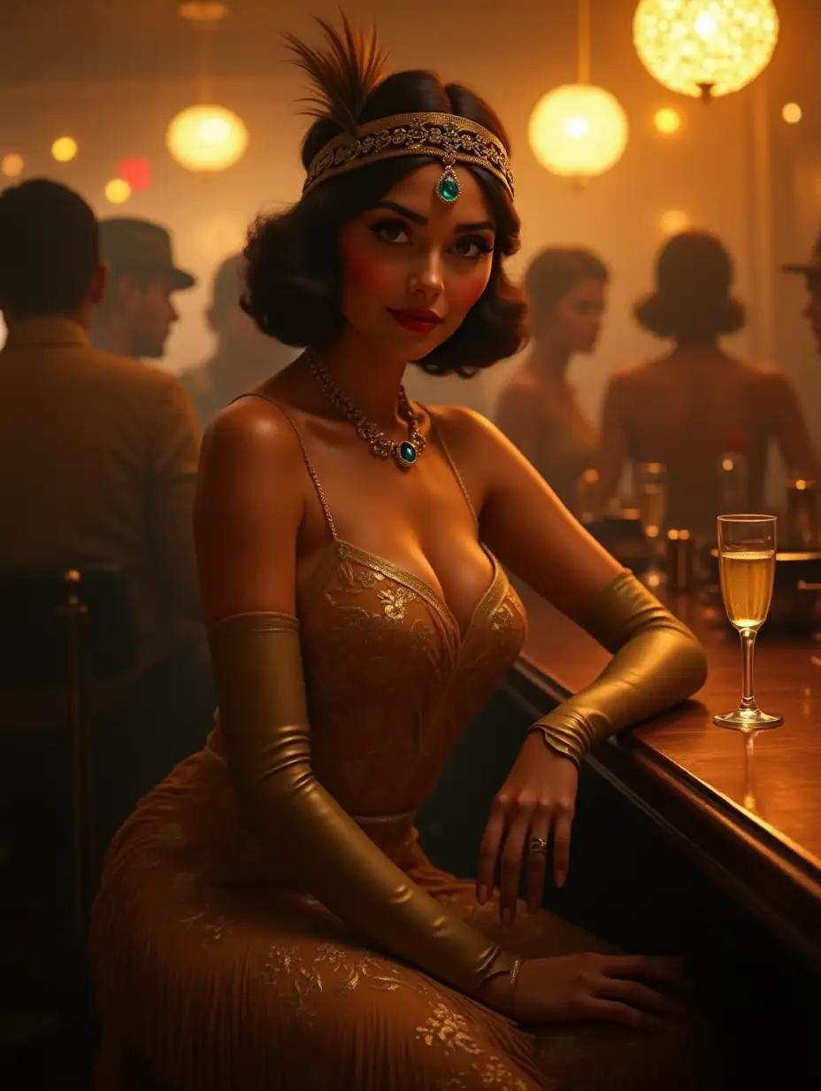 The portrait of a sultry beautiful young fashionista of the 1920s radiating confidence and self-control in the luxurious atmosphere of a smoky club, inspired by the novel The Great Gatsby. She's looking at the camera. Her extravagant golden fringed dress shimmers in the warm golden light, she wears elbow-length gloves, wavy hairstyle, mysterious smile, elegant feather headband on her head, rich jewelry with sapphires and aquamarine, she sits at the bar with a glass of champagne in her hand. surrounded by soft velvety shadows of a luxurious retro bar with visitors, where every detail seems to whisper stories about a bygone era of glamour and excess. digital art, detailed, a masterpiece