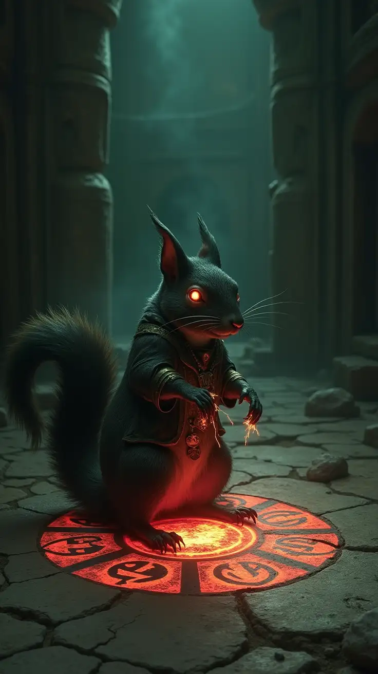 A solitary warlock squirrel stands in the heart of a shadow-drenched chamber, its sleek, scorched-black fur shimmering faintly under the glow of an intricate, pulsing enchantment circle carved into the cracked stone floor. The circle blazes with blood-red and sickly green light, its runes glowing as if alive, emitting faint tendrils of smoke that coil upward into the oppressive darkness. The squirrel’s ember-like eyes burn with a terrifying intensity, its jagged claws raised and sparking with volatile arcs of crimson magic. Its tattered robes, stitched with tarnished brass and glowing sigils, ripple with unseen forces, faint scorch marks revealing layers of charred fur beneath. The air around it distorts, heavy with malevolent energy, as faint echoes of grinding metal and hissing steam resonate from the unseen depths of the chamber. Jagged shadows crawl across the walls, which are etched with faint, ancient glyphs, their light barely piercing the suffocating darkness that presses closer with each pulse of the spell’s power