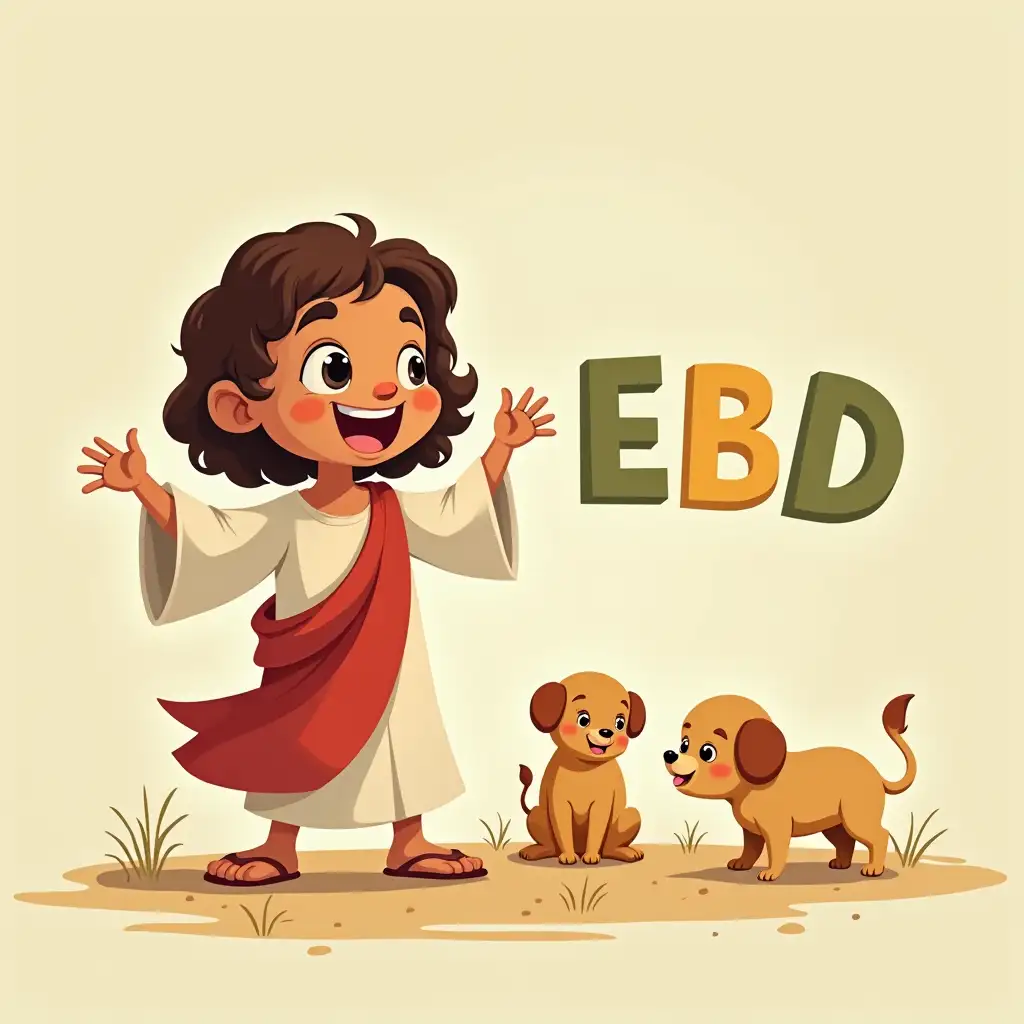 jesus, happy, next to the letters 'EBD', children playing, Disney Pixar style, cartoon, cute