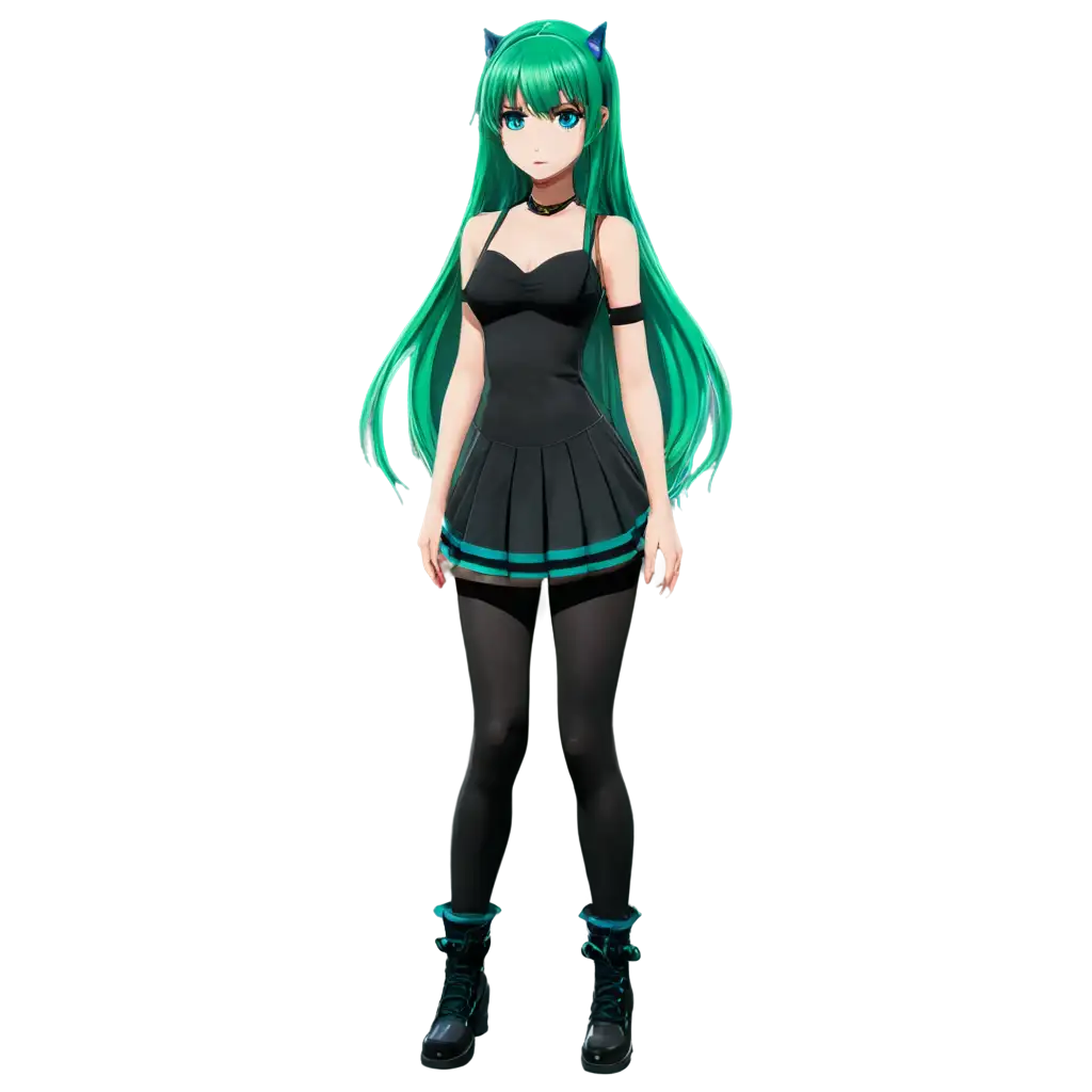 anime teen girl with green hair and blue eyes standing full body