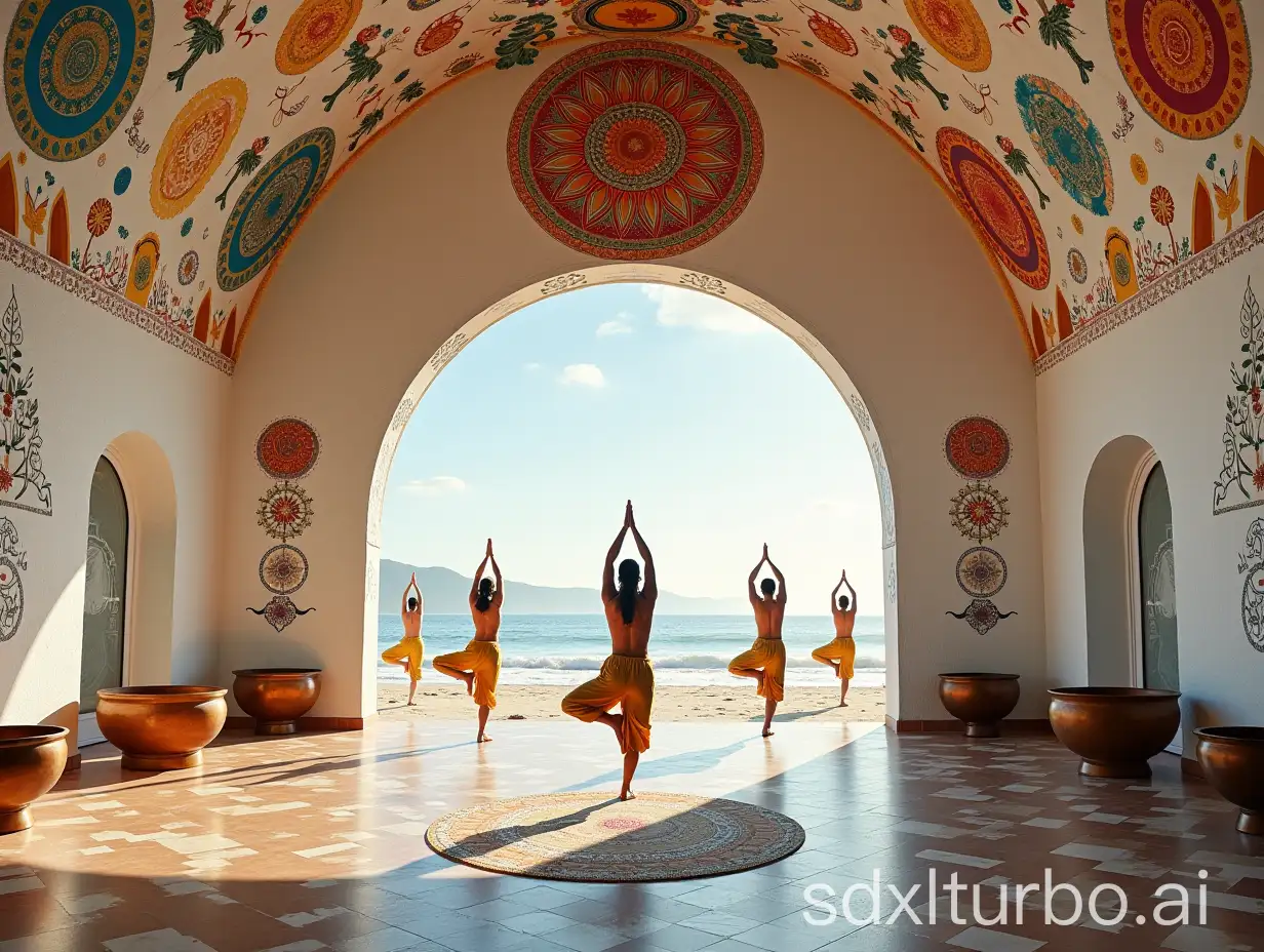 Yoga-Temple-Interior-with-Colorful-Mandalas-and-Yogis-in-Pose