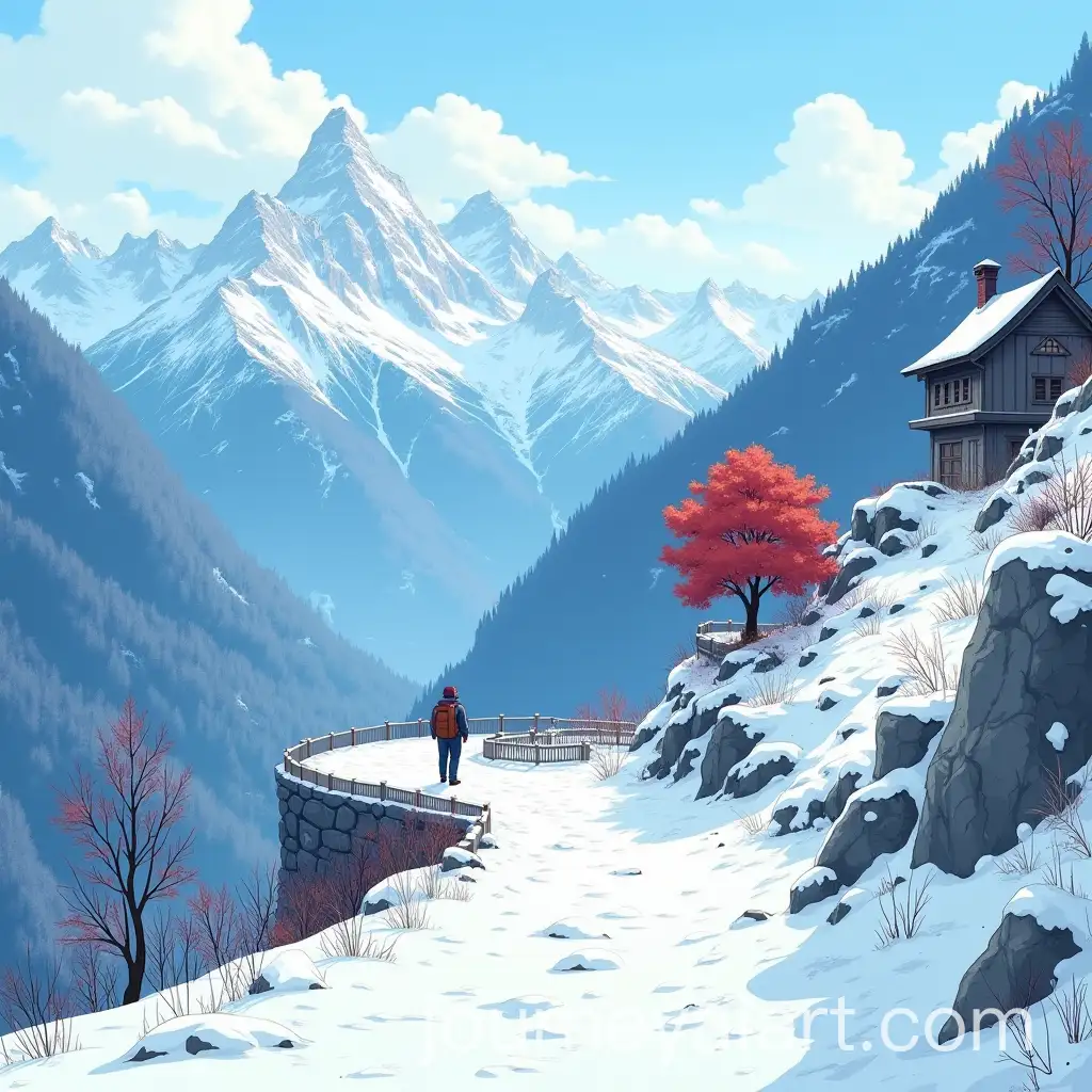 Winter-Journey-Through-a-Mountain-Valley-with-Japanese-Maple-and-Alpine-Backdrop