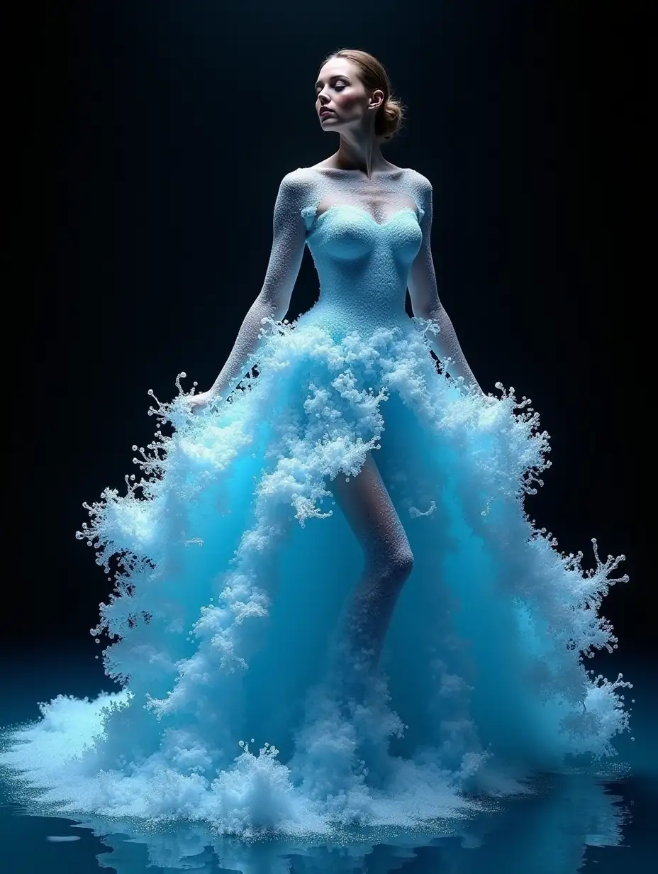 A stunning and surreal image of a weman wearing an intricate water dress made entirely of water waves, creating a mesmerizing and visually stunning effect. The weman is shown in a graceful pose against a dark background, with the water appearing to flow outward in a dramatic fan-like shape. This image can be created with the following prompt. Woman in an elaborate water dress made entirely of water waves, styled by Dmitry Kostanovich, Precision Fashion Show, Photoshop, Felicia Semyon, UHD image, Ekaterina Panikanova, Shiny and Glossy, HDR, Dynamic Mode, 32kb, Sharp Focus, Illustration. by Sasan.