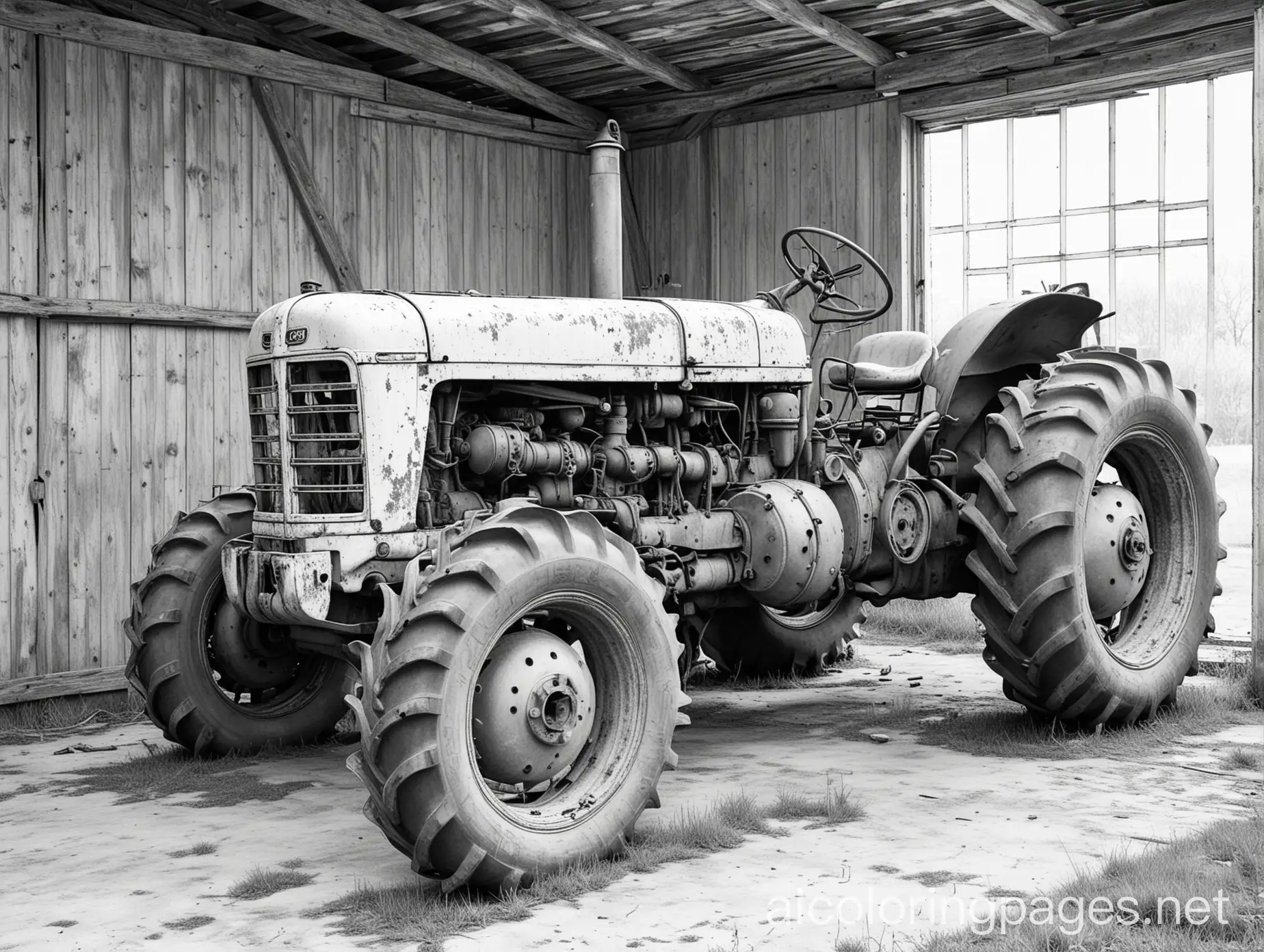 abandoned ruined rusted old tractor in an abandoned ruined derelict barn, Coloring Page, black and white, line art, white background, Simplicity, Ample White Space. The background of the coloring page is plain white to make it easy for young children to color within the lines. The outlines of all the subjects are easy to distinguish, making it simple for kids to color without too much difficulty