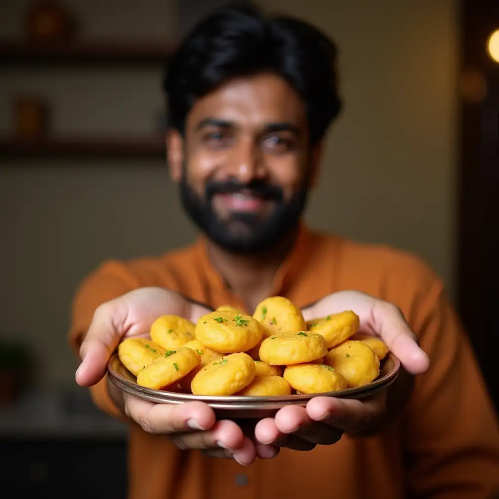 A South Indian guy holding idlis in his hands