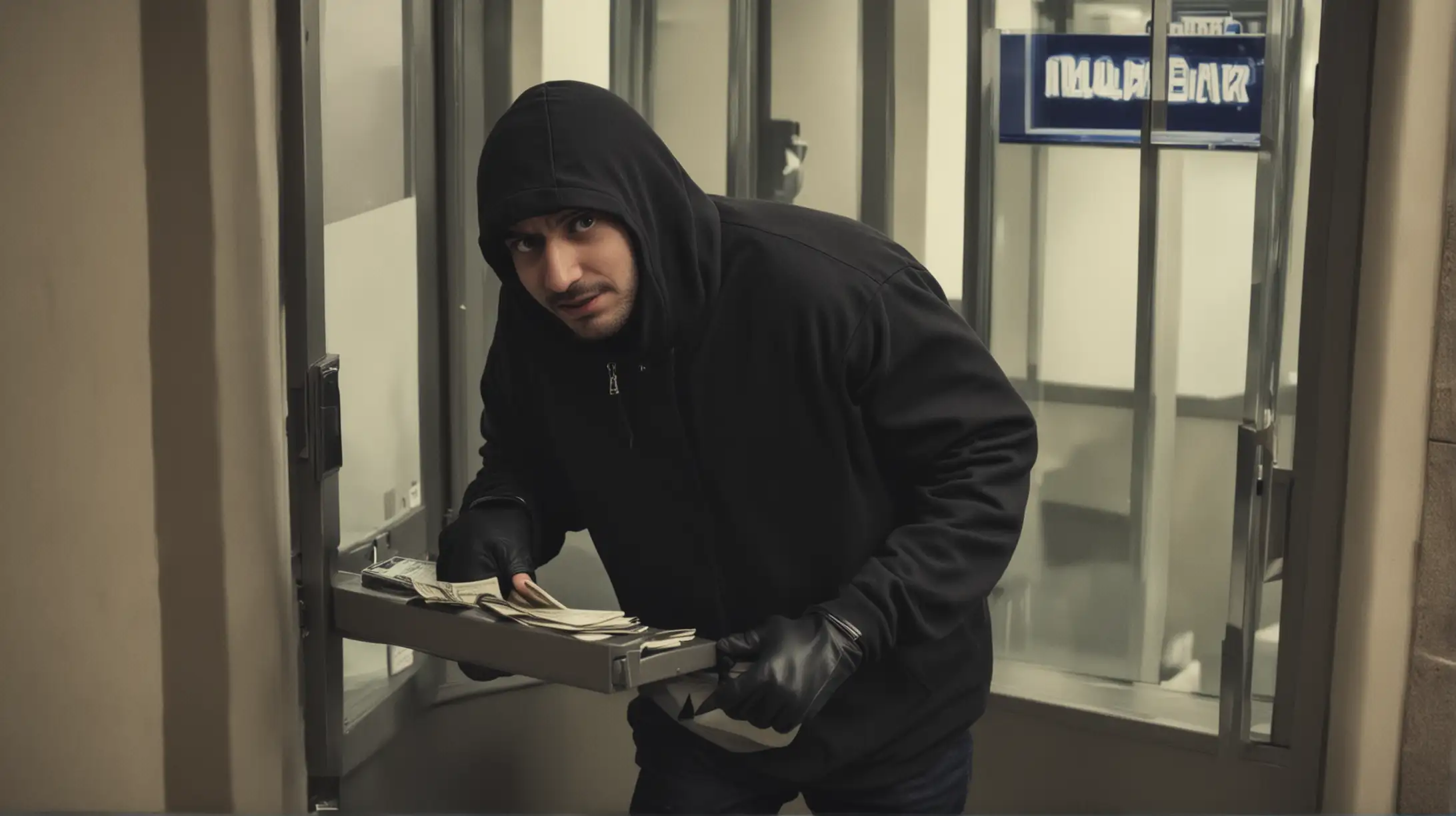 Bank Robbery Scene with a Determined Thief