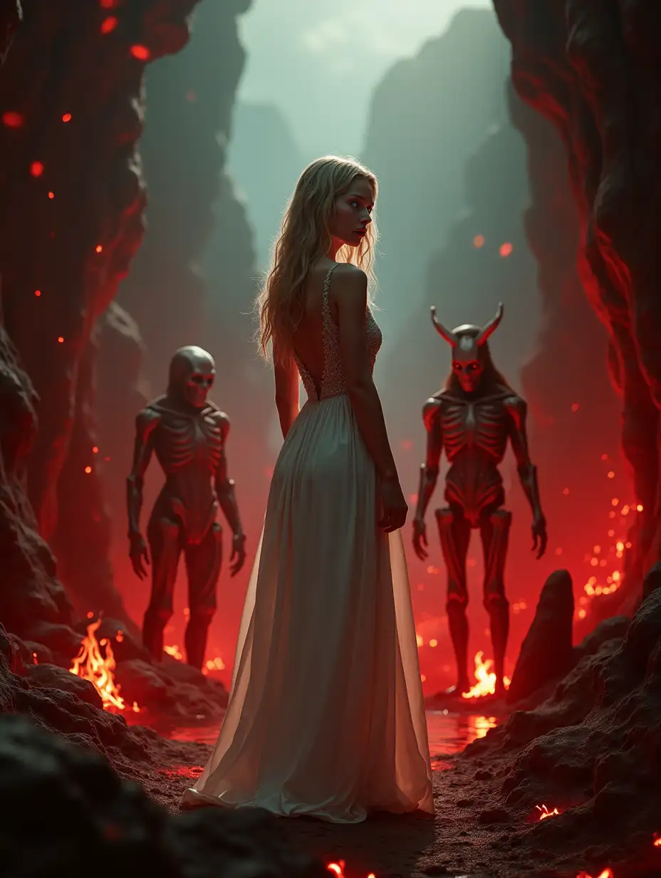 Blonde-Girl-in-White-Silk-Dress-Standing-in-Hellish-Landscape-with-Devils-and-Flames