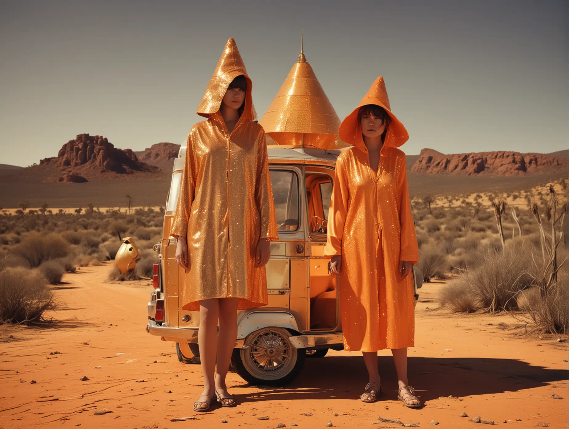 realistic image of two women in short neon orange sequin nobes, one wears a long golden conical hat, there is a golden Hindu ewok with them, behind them an old small capsule vehicle, in the background an Australian desert landscape, unreal, surreal style , retro futuristic 1960, humorous, extravagant