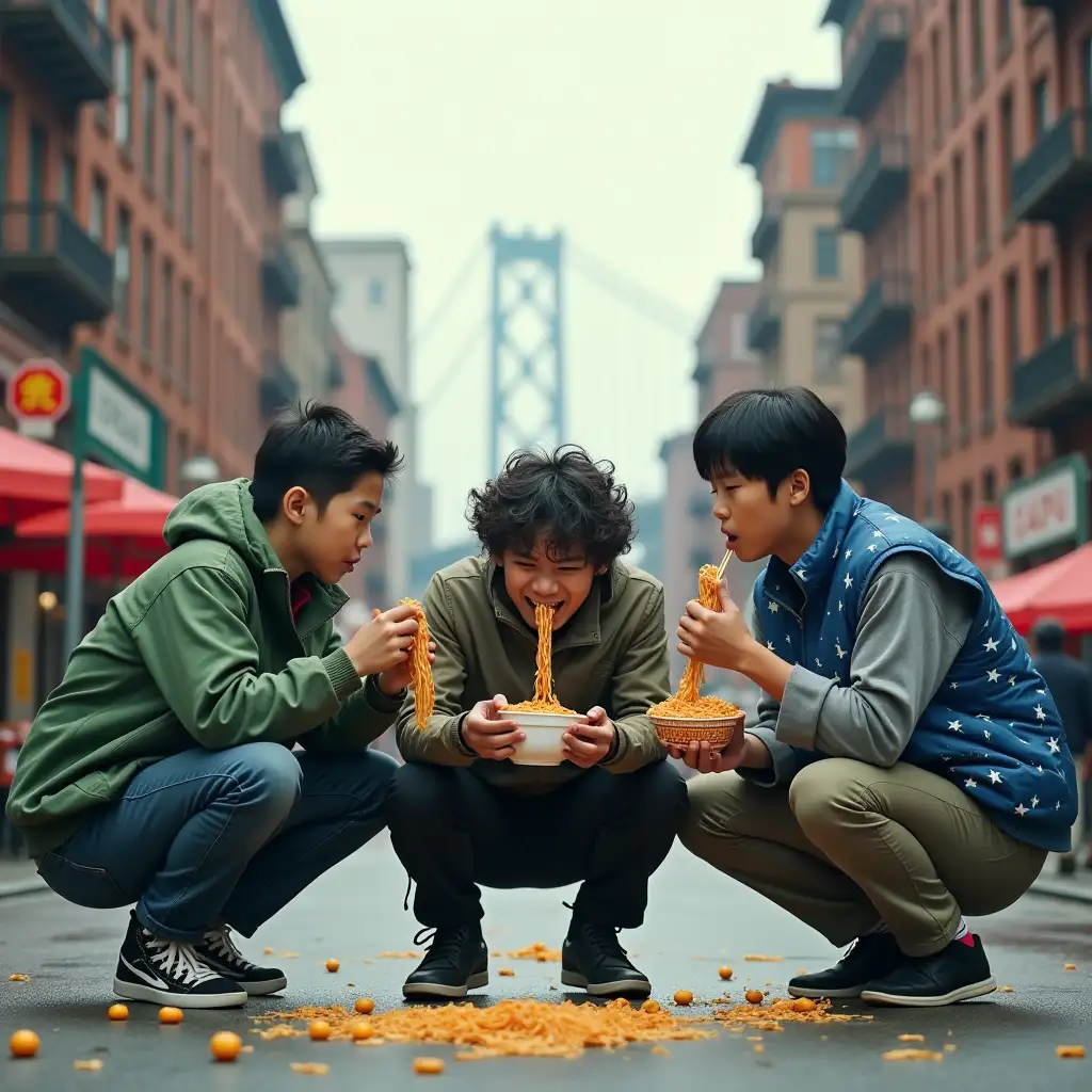 Poster, three Asian people, three people crouching on the ground eating instant noodles; to the right is a young lad holding instant noodles looking towards the man in the middle; in the middle is a curly-haired man crying while eating instant noodles, wearing a green windbreaker; to the right is a man wearing a blue star-patterned vest, holding instant noodles, with an expression of surprise; they are located in Chinatown, with tall buildings and bridges in the background; movie poster; cinematic feel; high-definition image;