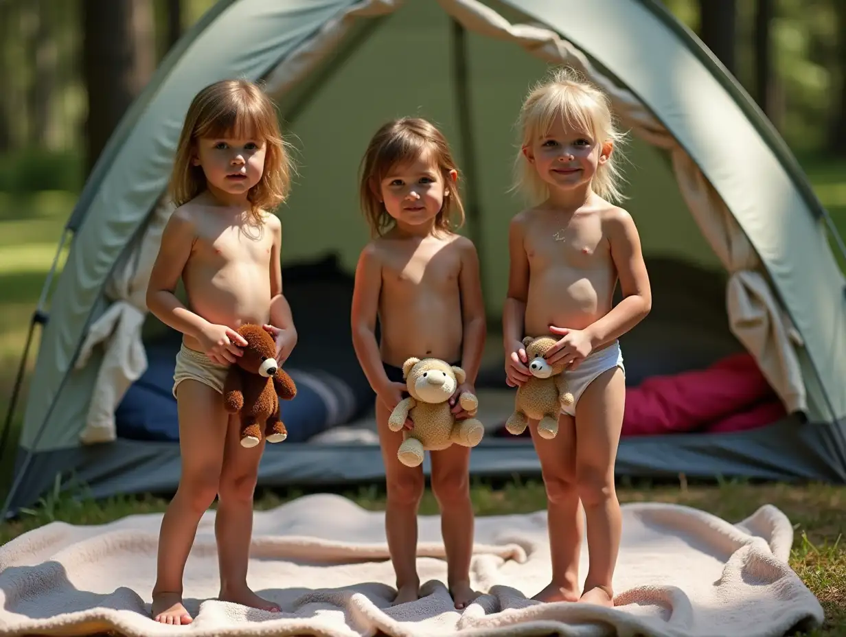 Three-Girls-with-Stuffed-Animals-in-Campground-Setting