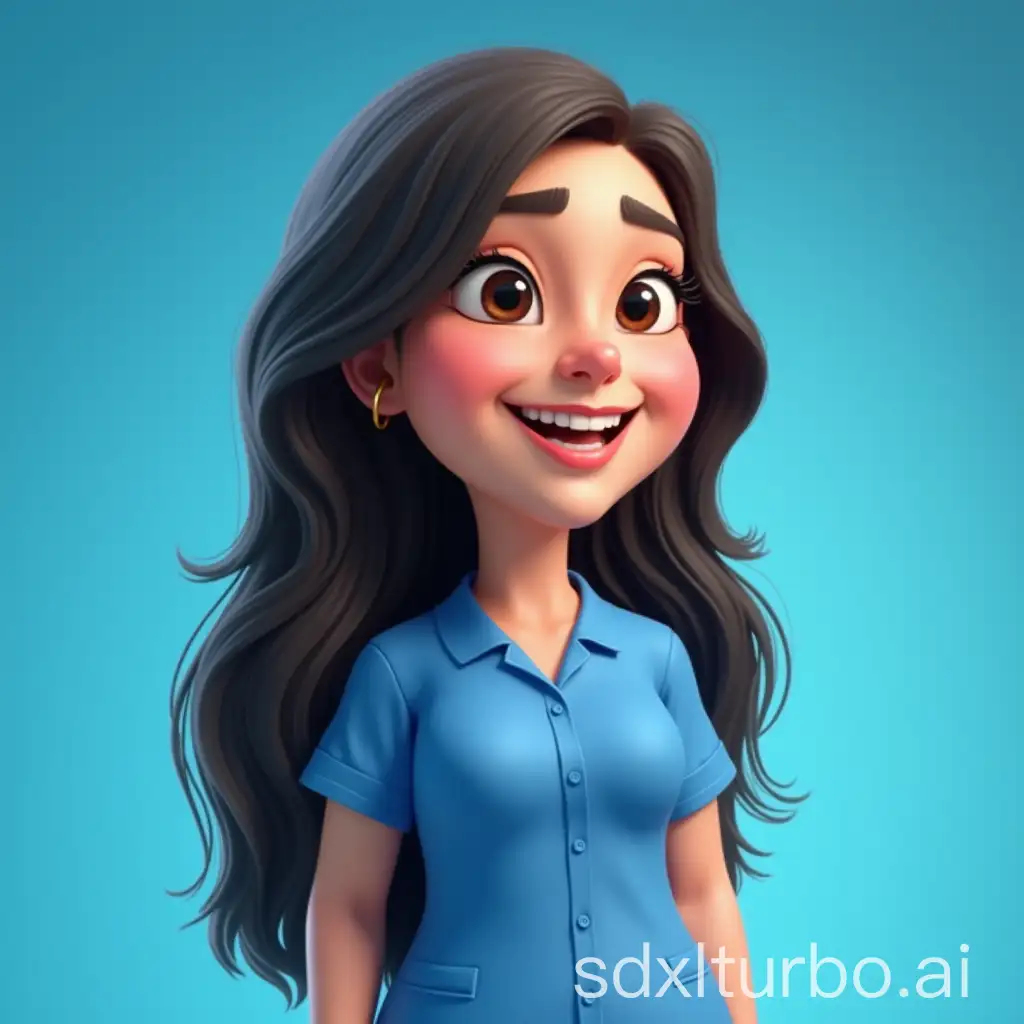 Create a 3D cartoon style realistic caricature full body with a large head. Women with Fat body, Long shagy hair, oval chubby face, thin eyebrows, slanted eyes, flat nose, smile with your mouth wide open showing your upper and lower teeth. Wearing a blue uniform, face angle 2/3, facing right, Use soft photography lighting, uhd 64k, blue gradient colorful background.