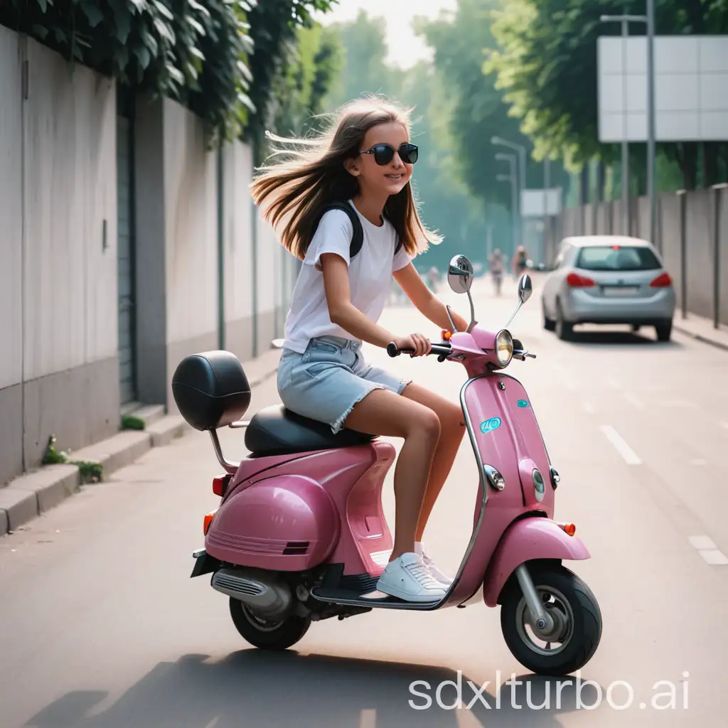 a girl is riding a scooter