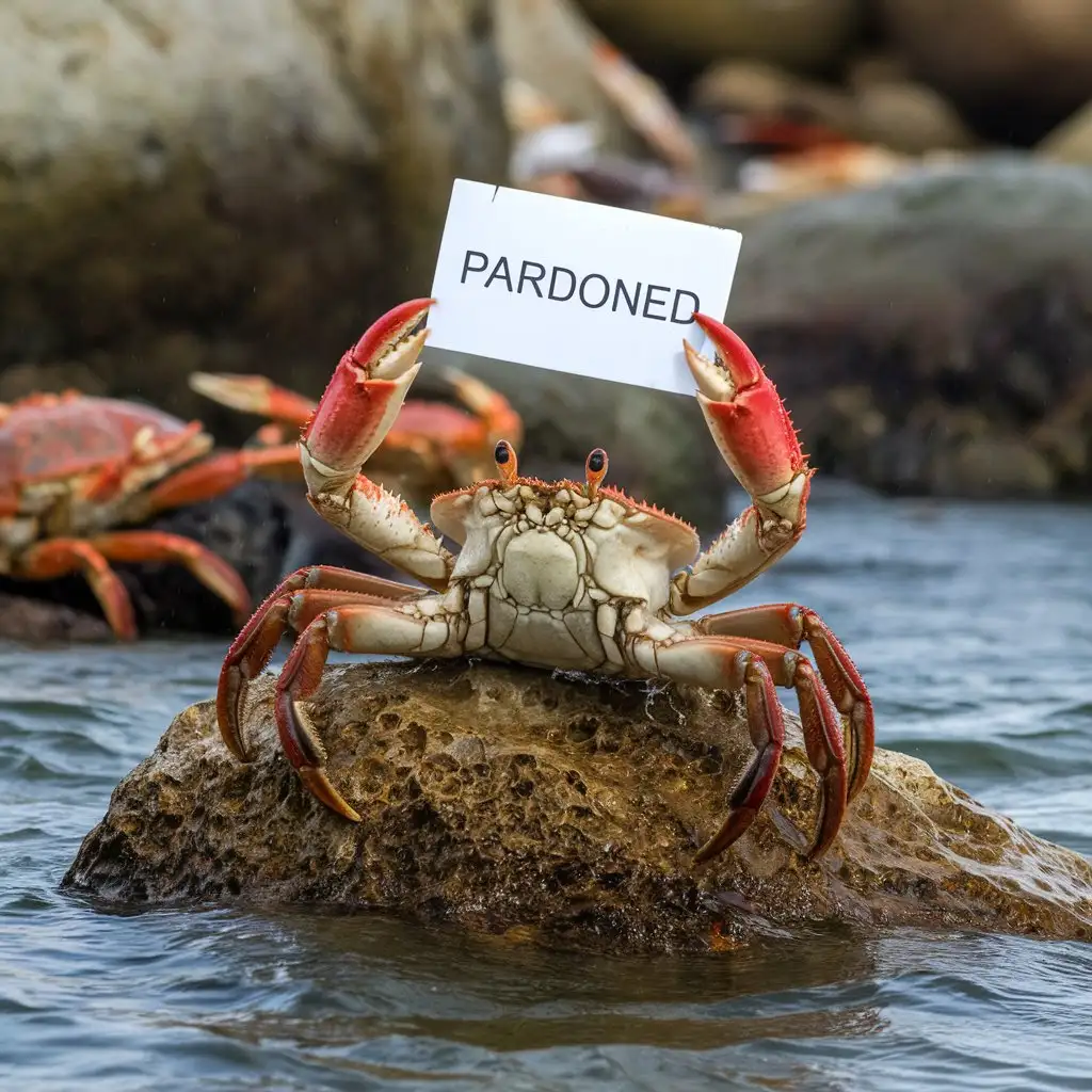 Pardoned Crab with a Sign in a Coastal Setting