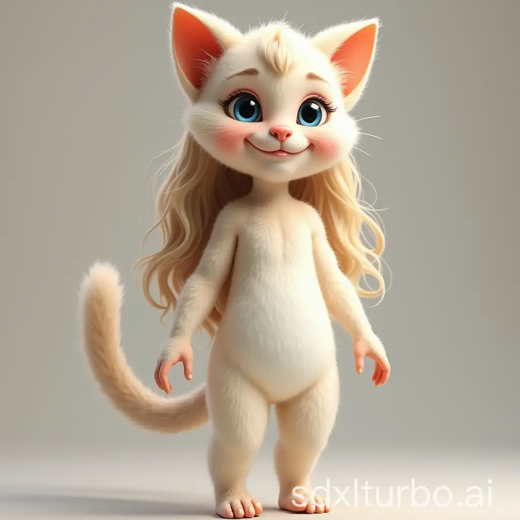 A cute, adorable, happy 5-year-old girl with a mixture of human DNA and cat DNA. She has the body shape of a human girl, with big, blue eyes, and long, blonde hair, but she has cat ears and a cat's tail. Her skin is covered in very fine, very short white fur.