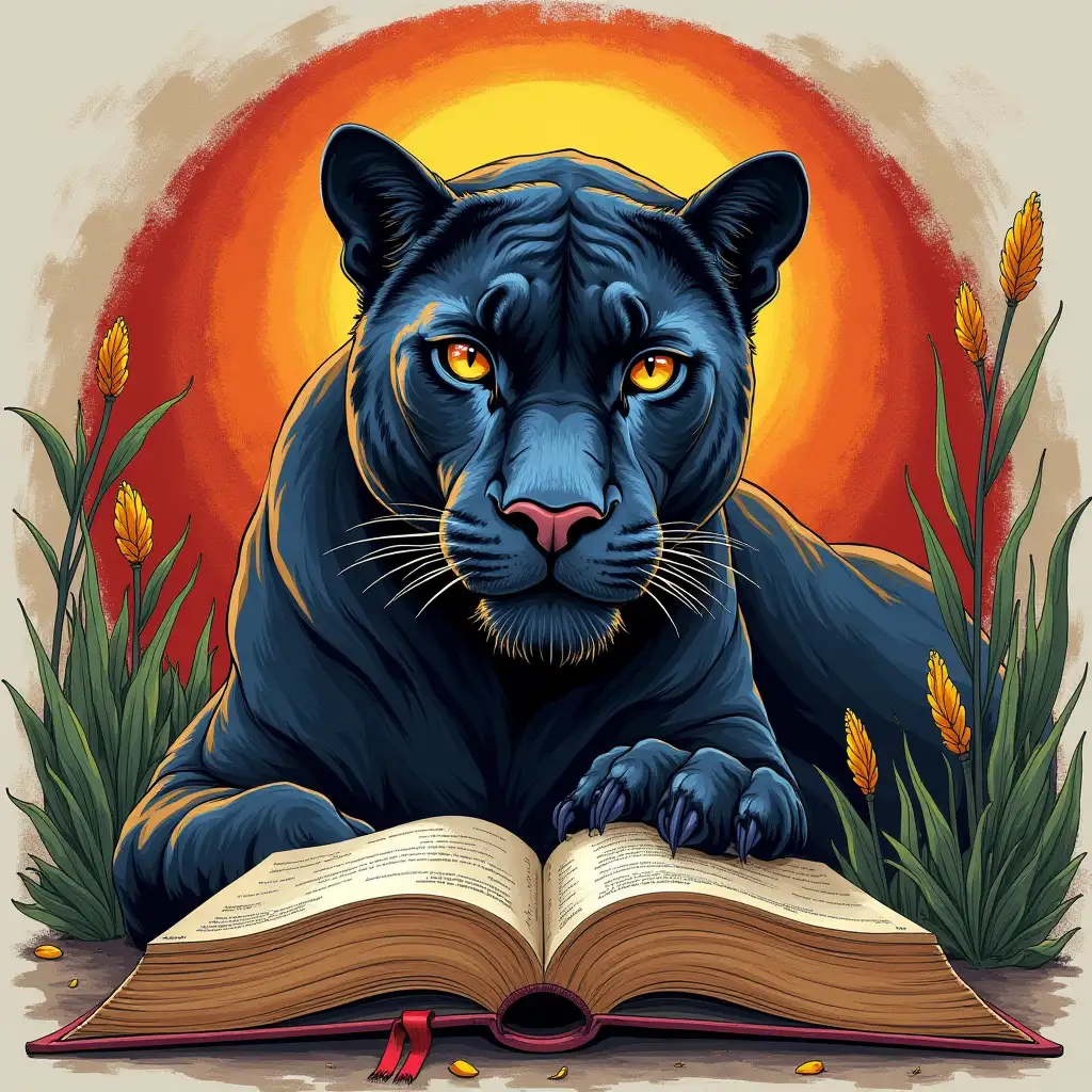 draw a picture of a panther as depicted in the bible and would also cause a person looking at it to feel the body of Christ with love for the Lord. There are colorful books surrounding all around the animal.